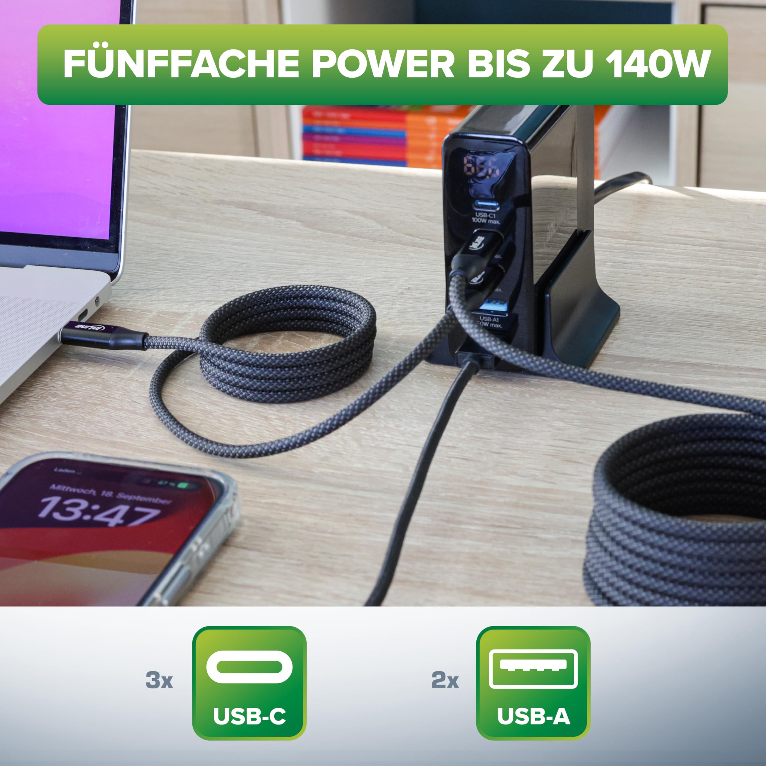 InLine Caricatore USB, 5 porte, display digitale con consumo di energia, 3 X USB-C + 2 X USB-A, GaN, 140 W, caricatore rapido, PD3.0, QC3.0, alimentatore per iPhone/Pro/Mini, Samsung e altro ancora,