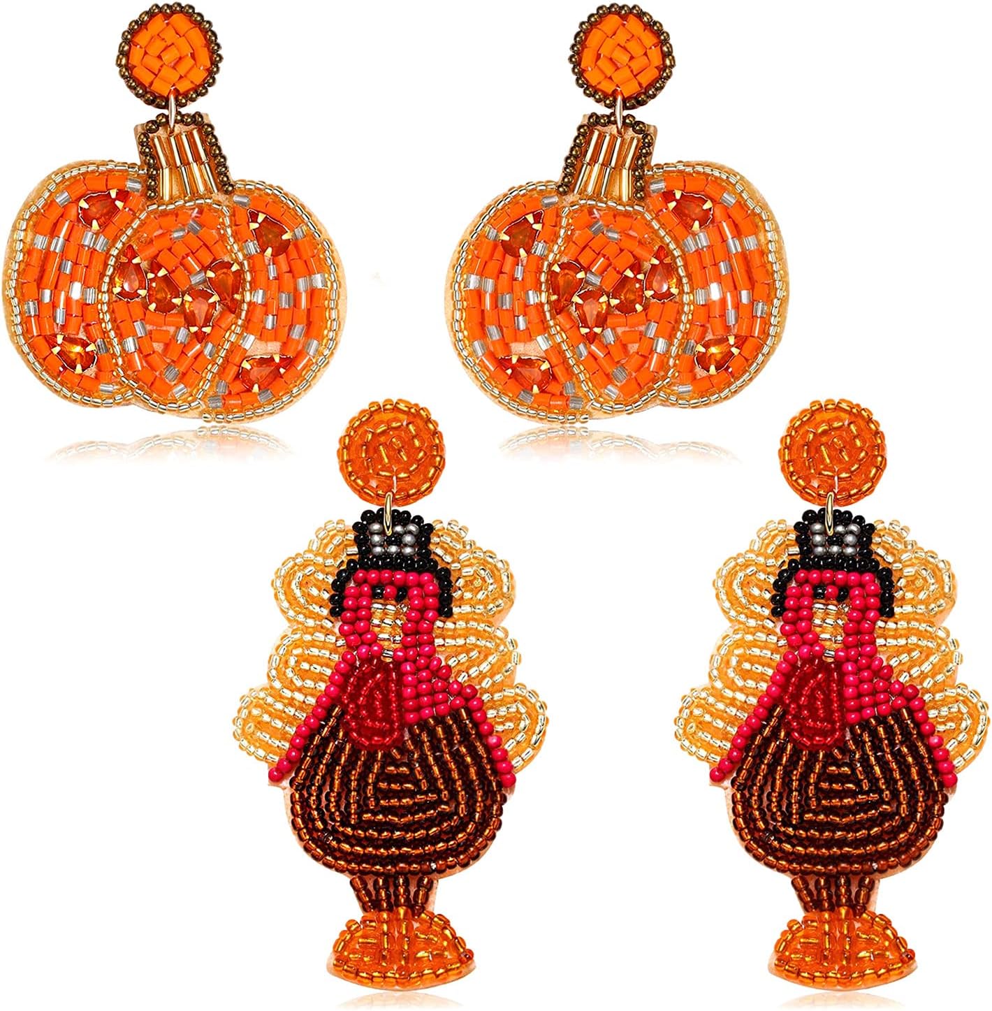 Fall Earrings Thanksgiving Earrings for Women Rhinestone Maple Leaf Earrings Beaded Pumpkin Dangle Earrings Autumn Fall Jewelry Set Thanksgiving Gifts