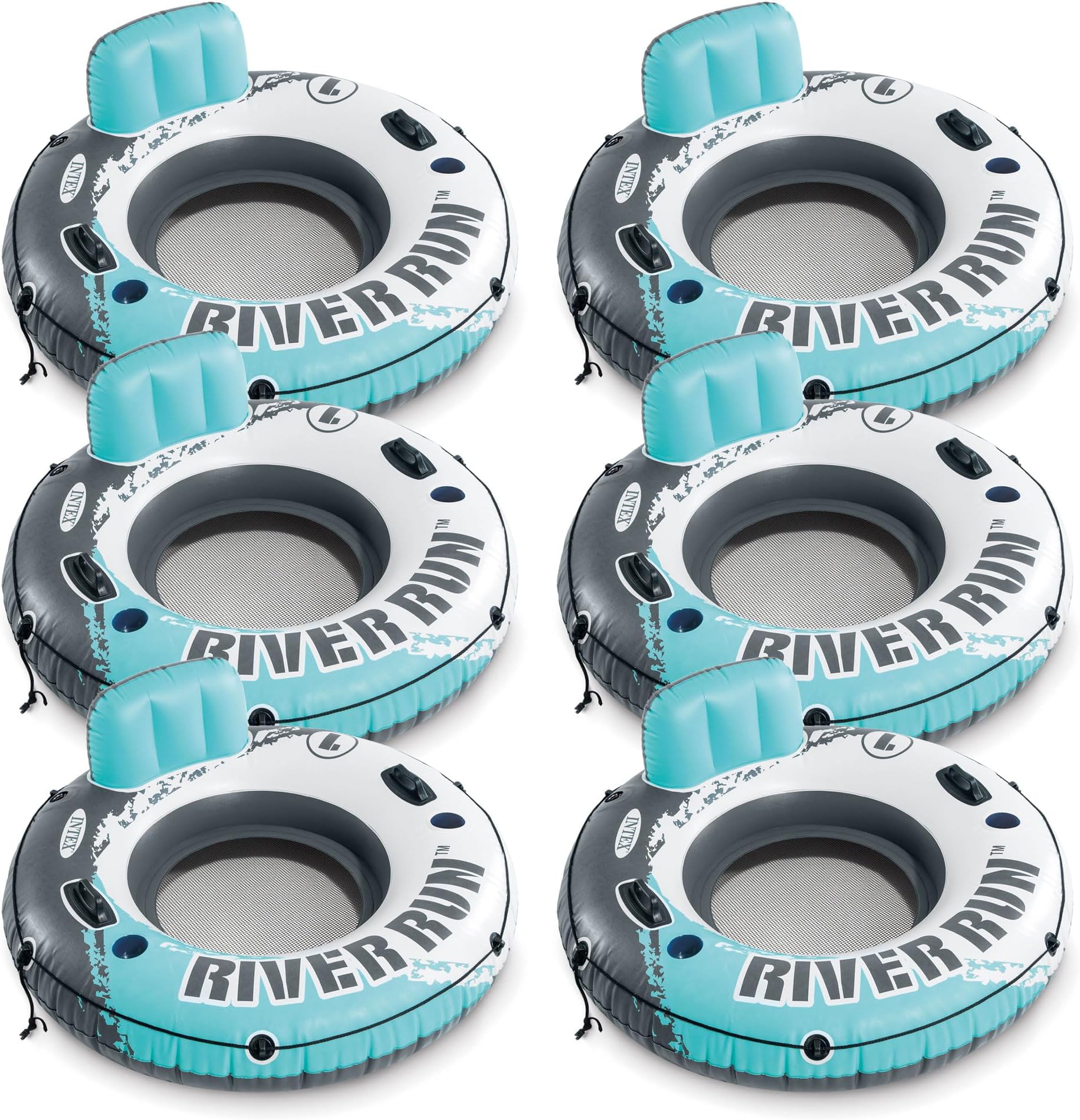 River Run 1 Inflatable Floating Lounge w/Backrest, Built-in Cup Holders, Grab Handles, & Grab Rope –220lb Weight Capacity, Color Varies (6 Pack)