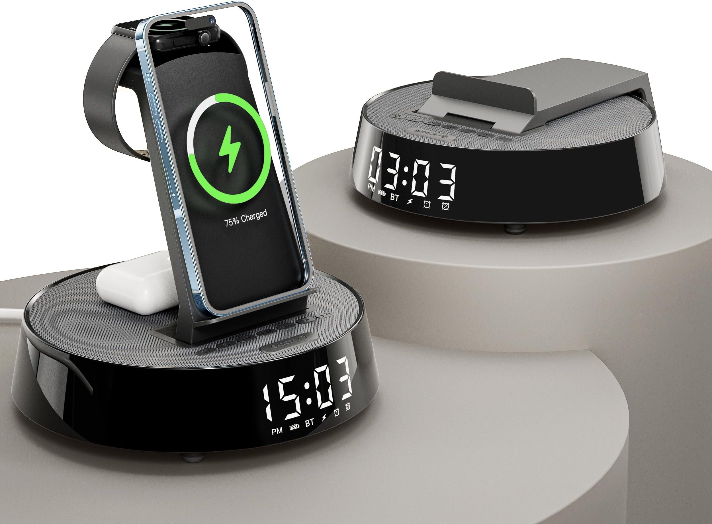 Alarm Clock with Wireless Charging Station, Clock for Bedroom with Dimmable Night Light Bluetooth Speaker, Wireless Charger Dock Station for iPhone 16 15 14 13 12 11 Pro Max, Apple Watch