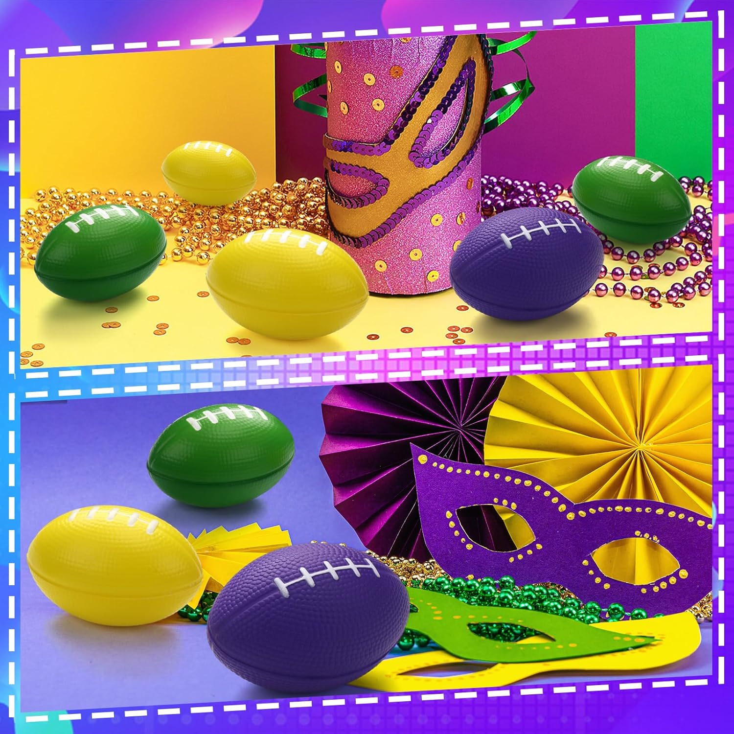 Junkin 48 Pcs Mini Football Stress Ball Bulk Mardi Gras Parade Throws 3.35 Inch Small Football Stress Ball for Parade Throws Party Decorations Favor Supplies(Yellow, Green, Purple)
