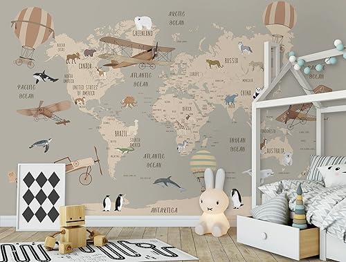 Miniatura 3 de Kids Map Wallpaper World Map Wall Mural Beige Map Wallpaper Map Wall Art Airplane Hot Air Balloon Wall Print Kids Room Wallpaper Mural