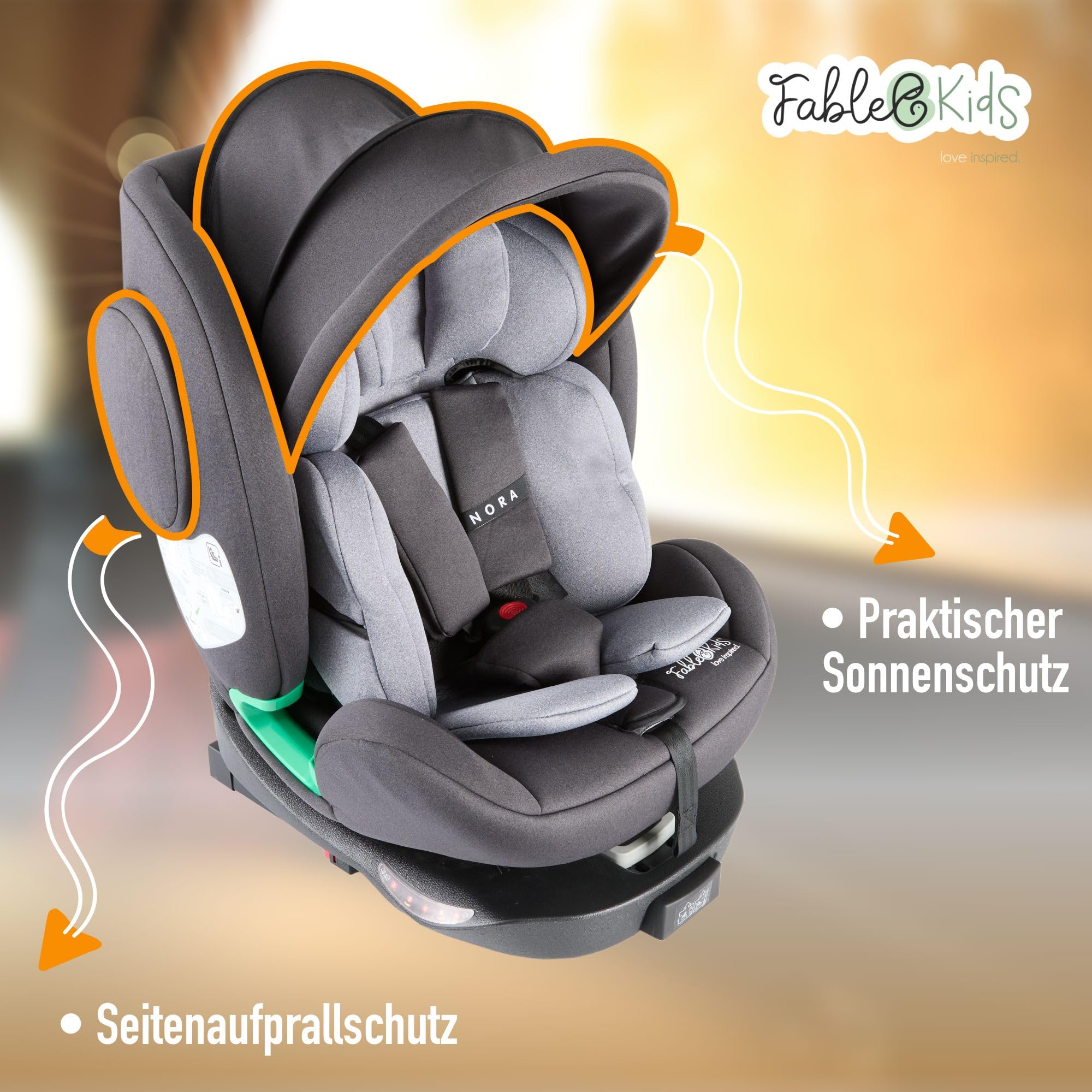 FableKids NORA Kindersitz Grau | 360° drehbarer i-Size Autokindersitz 40–150 cm | Reboarder mit ISOFIX & Stützbein | höhenverstellbare Kopfstütze & Rückenlehne | ECE R129/04 zertifiziert