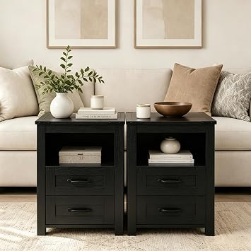 Farmhouse Nightstand Set of 2, Bedside Table with 2 Drawers Storage, Rustic Night Stand with Charging Station, End Table with Open Shelf for Bedroom, Black
