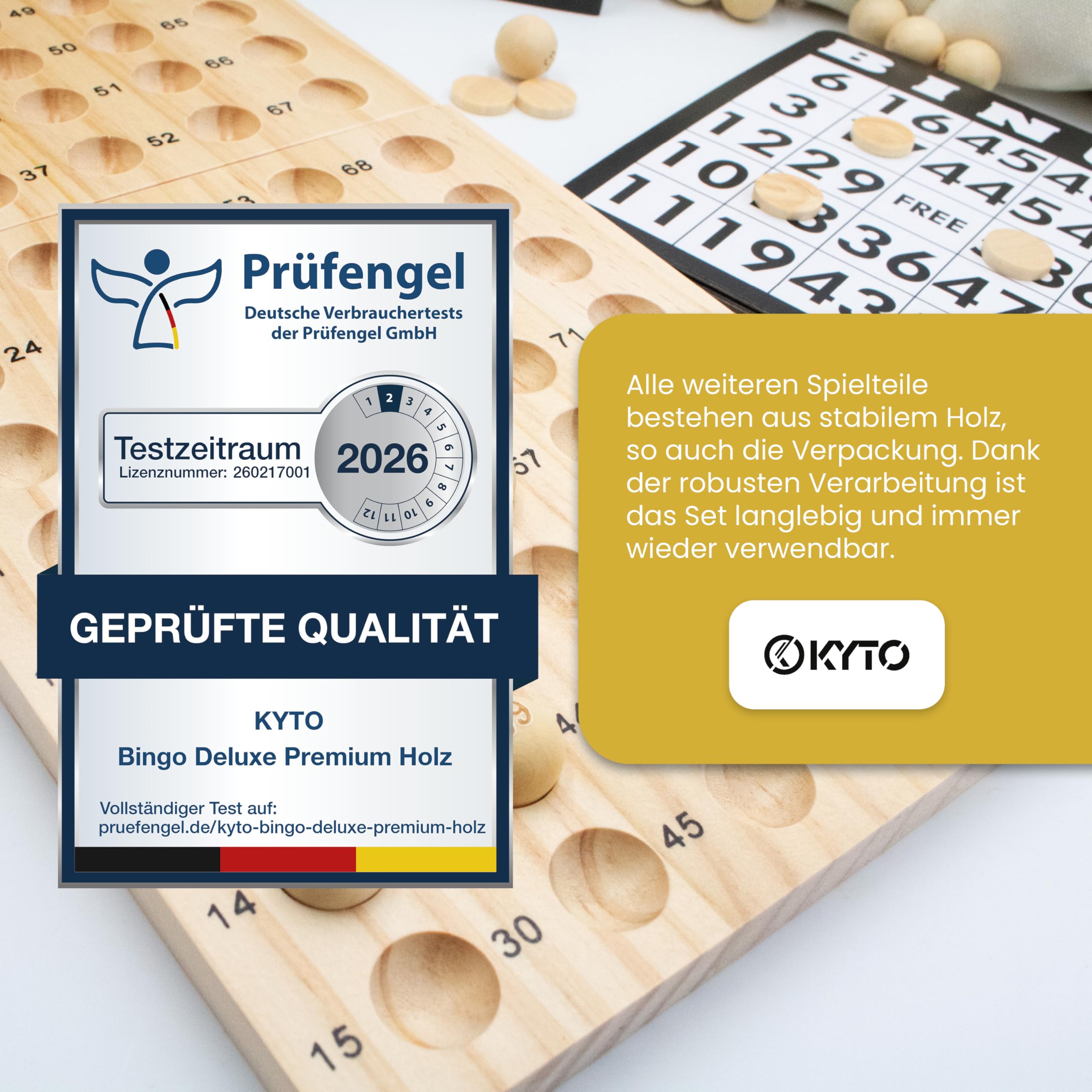 Kyto Bingo Spiel Deluxe Set – Gold Metall Trommel & Holzbox – 75 Kugeln, 150 Chips, 18 Wiederverwendbare Bingokarten + 500 Stift-Karten – Gesellschaftsspiel für Familie, Party & Senioren