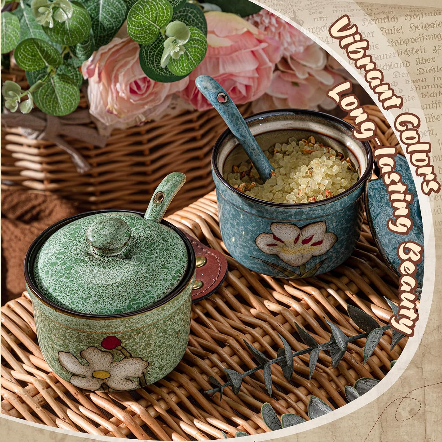2 Pack Retro Hand Painted Flower Ceramic Salt Pepper Cellar with Lid and Spoon, Heavyweight Round Sugar Spice Containers Porcelain Jar for Housewarming Gift, Artisan Kitchen Decoration