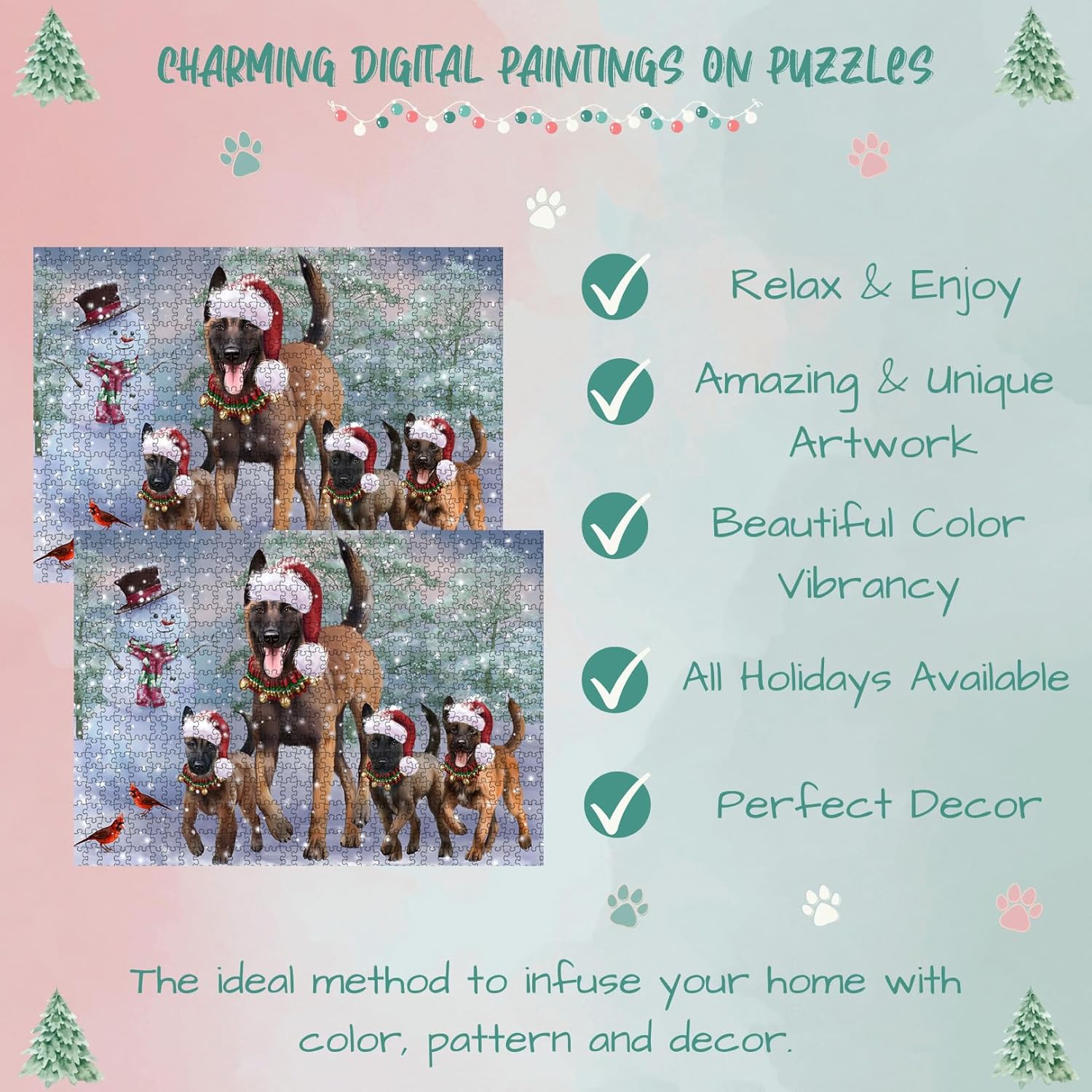 Christmas Running Family Belgian Malinois Dogs Jigsaw Puzzle for Adults - Animal Printed Interlocking Puzzle Game Artwork - Gift for Dog Lover's - 1000 Pcs 20"x30"