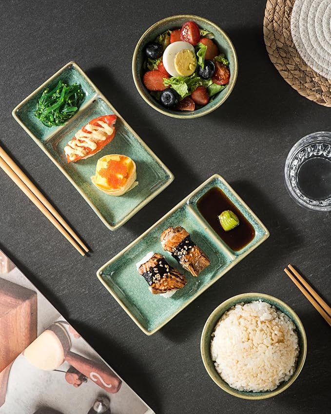 Set de 2 Platos y Bowls de Cerámica para Sushi, 7" Rectangular, 10 oz, con Palillos miniatura 2