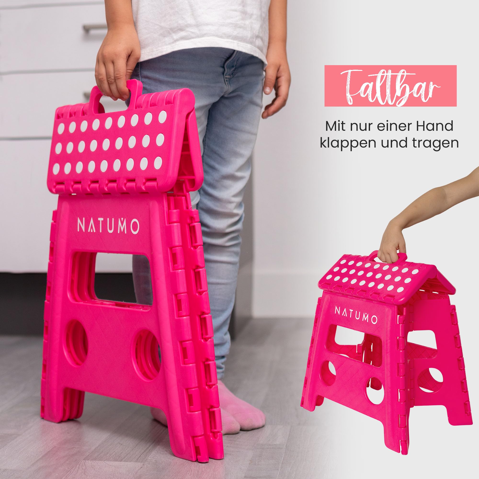 NATUMO® Taburete plegable XL para niños y adultos, taburete plegable ligero y antideslizante, taburete plegable para camping, baño, cocina y jardín, 33 cm (rosa)