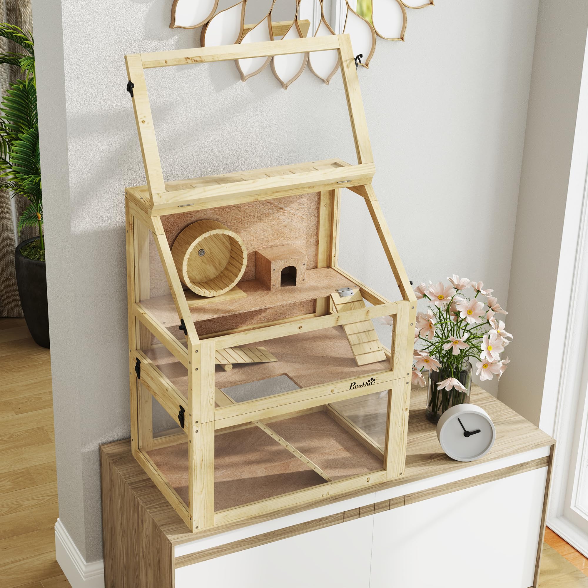 PawHut Jaula de madera para hámster, jaula de jerbo de 3 niveles con fondo desmontable de 32 cm de profundidad, cabaña, balancín, rueda de ejercicio, rampas, acabado de madera natural