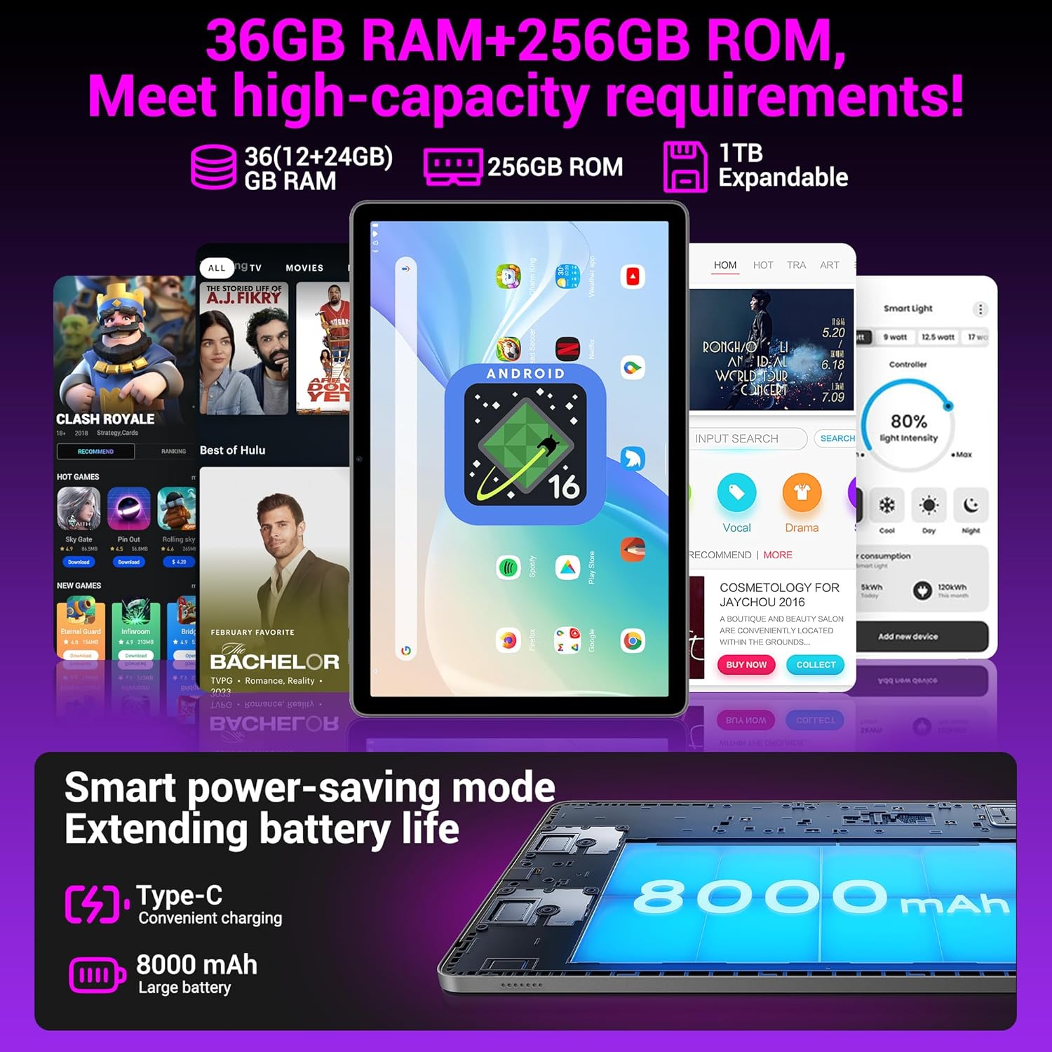 2025 Slim 11 Inch Android 16 Tablet with Keyboard,Stylus & Mouse, 2K IPS Widevine L1, 36GB RAM 256GB (1TB TF), 8000mAh, T615 8-Core,8+13MP, 5G/2.4G WiFi, FCC/CE Certified - Black - Image 3