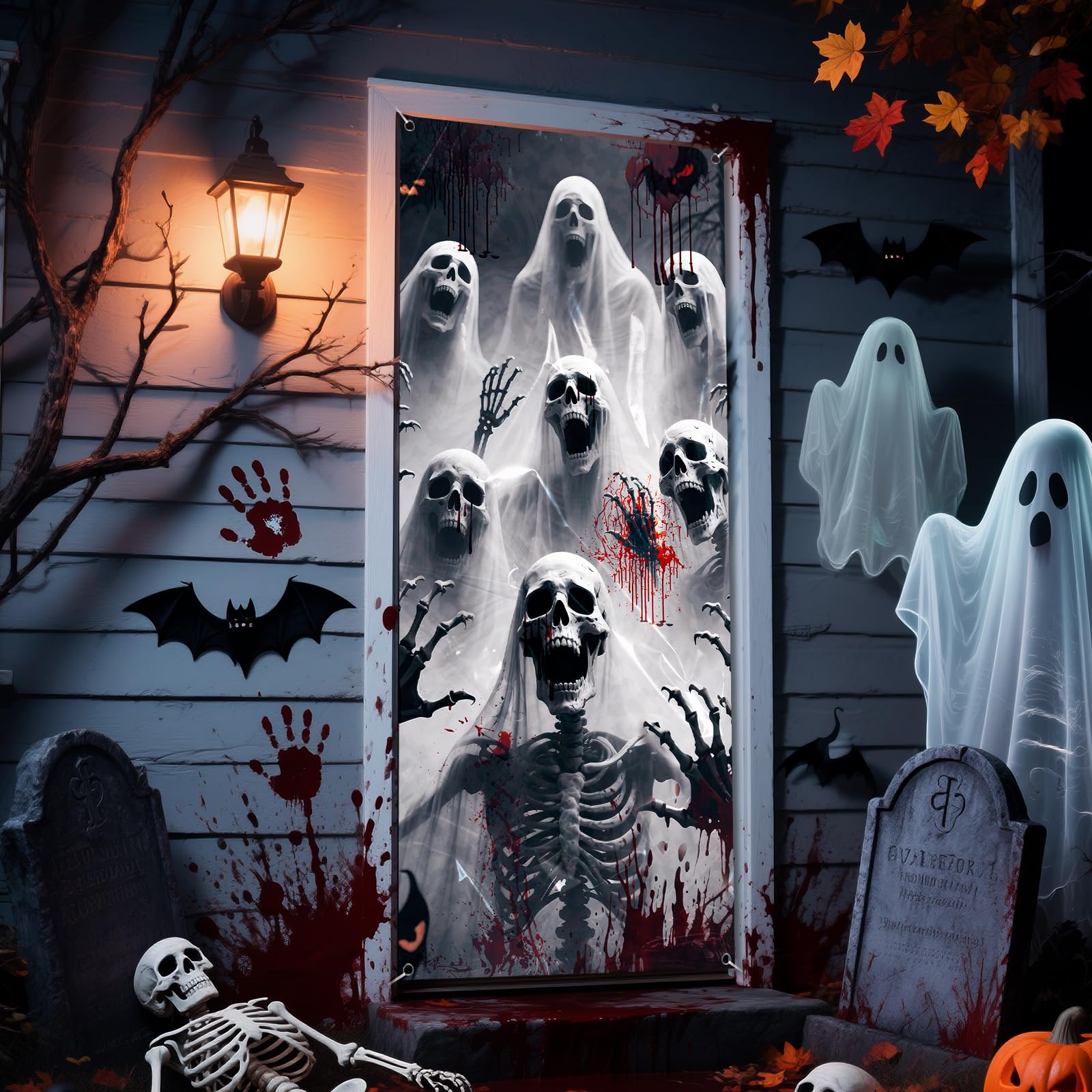 Halloween Door Cover, 79 * 35inch Scary Skeleton Zombie Halloween Door Decorations Horrie Door Sign Banner for Halloweens Haunted House Props Front Door Wall Party Decor