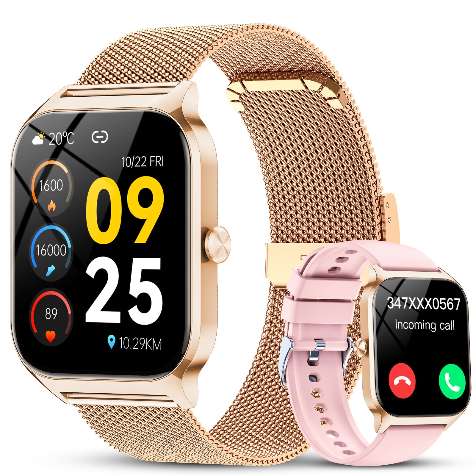 CASCHO Smartwatch Donna,1.85''Orologio Smartwatch Donna con Chiamate/Notifiche WhatsApp,120 Modalità Sportive/Sonno/Cardiofrequenzimetro/SpO2/Contapassi,Smart Watch per Android iOS(Doppio Cinturino)
