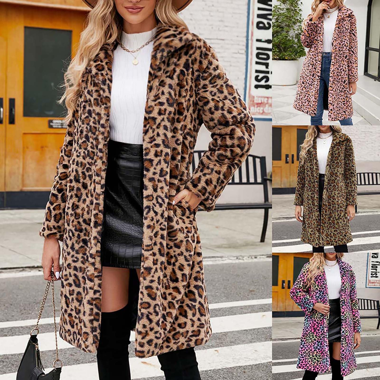 Rosa Leopard Pelzmantel Damen Kunstfell Winterjacke Lange Kunstpelze Jacke Dicke Warme Mantel Langarm Umlegekragen Felljacke Wintermantel Große Größen Fellmantel Winter Pelzjacke Übergangsjacke 3XL