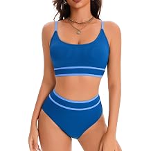 karrack Womens High Waisted Bikini Sets Ribbed Two Piece Swimsuit High Cut Color Block Adjustable Straps Bathing Suit