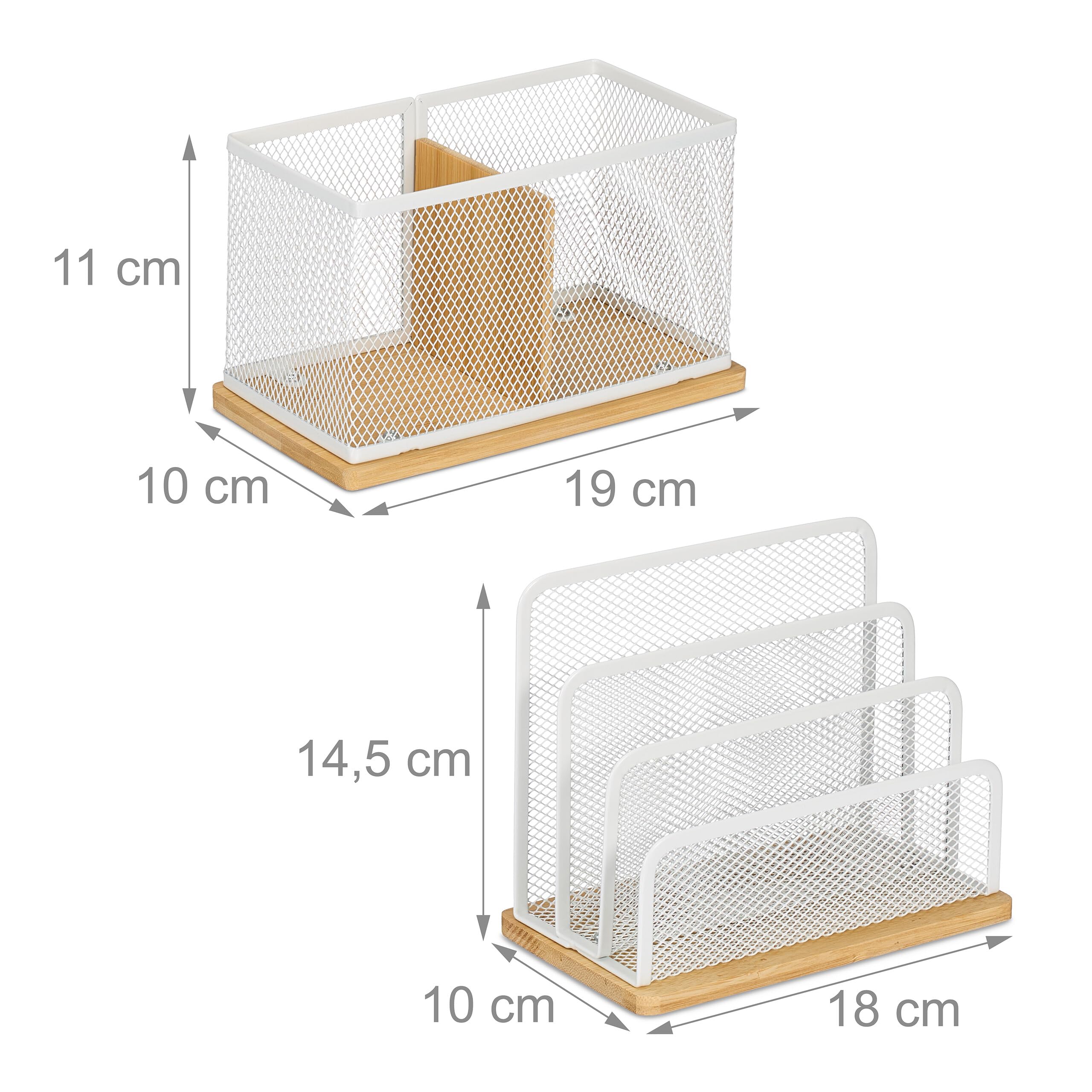 Relaxdays Desk Organiser, Set including 2 Pieces, Letter Stand & Pen Holder, for Office Metal and Bamboo, White/Natural - Image 4
