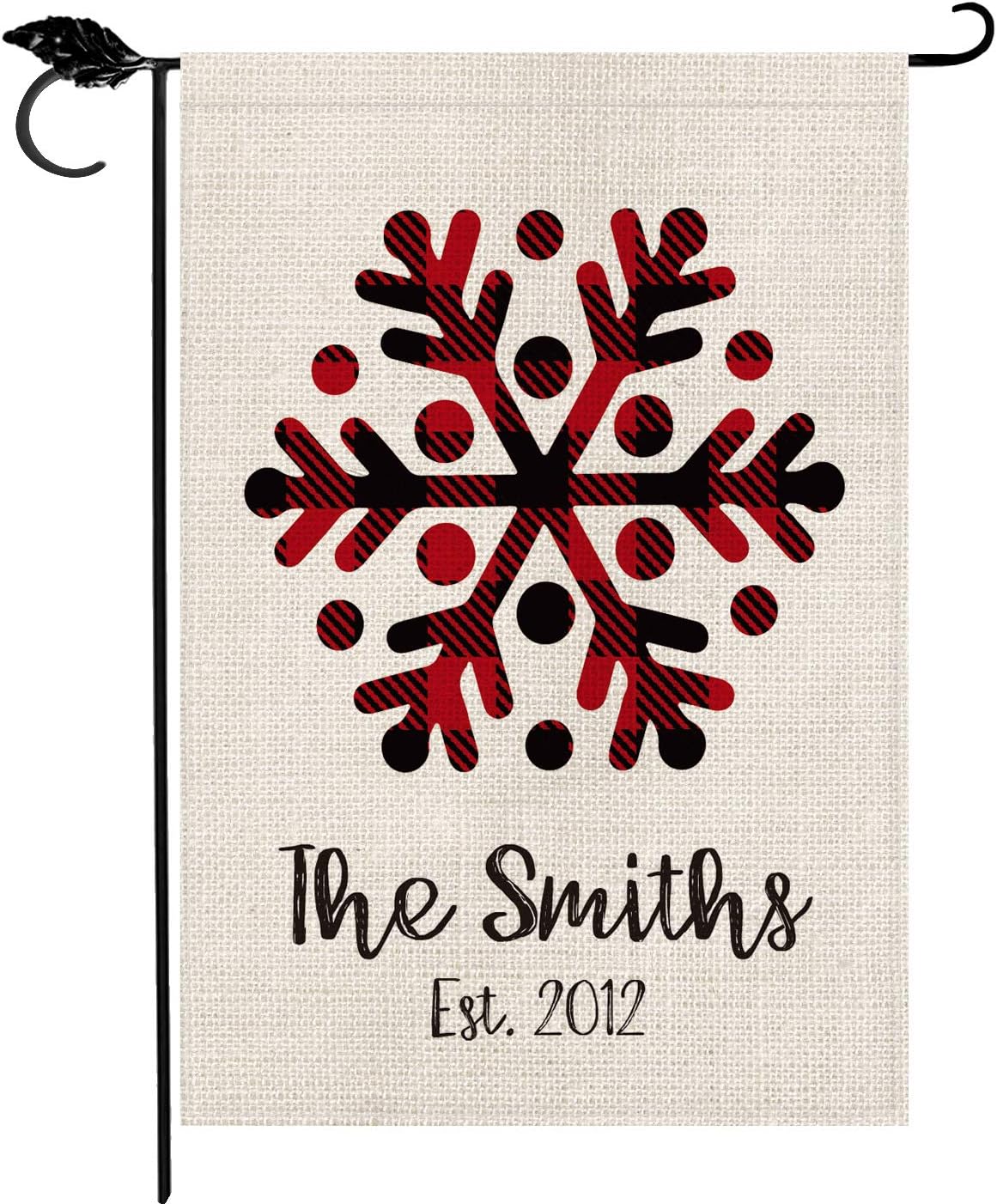 Smile Personalized Merry Christmas Snowflakes House Flag, Customized Family Name and Established Year Buffalo Plaid, Double Sided 28 x 40 Inch Rustic Farmhouse Burlap Yard Outdoor Decoration