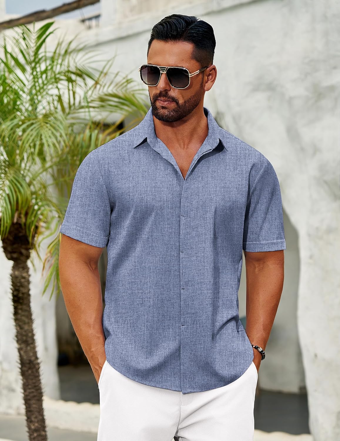 Linen Shirts for Men Casual Short Sleeve Button Down Shirt Beach Summer Vacation Wedding Cotton Tops - Image 2