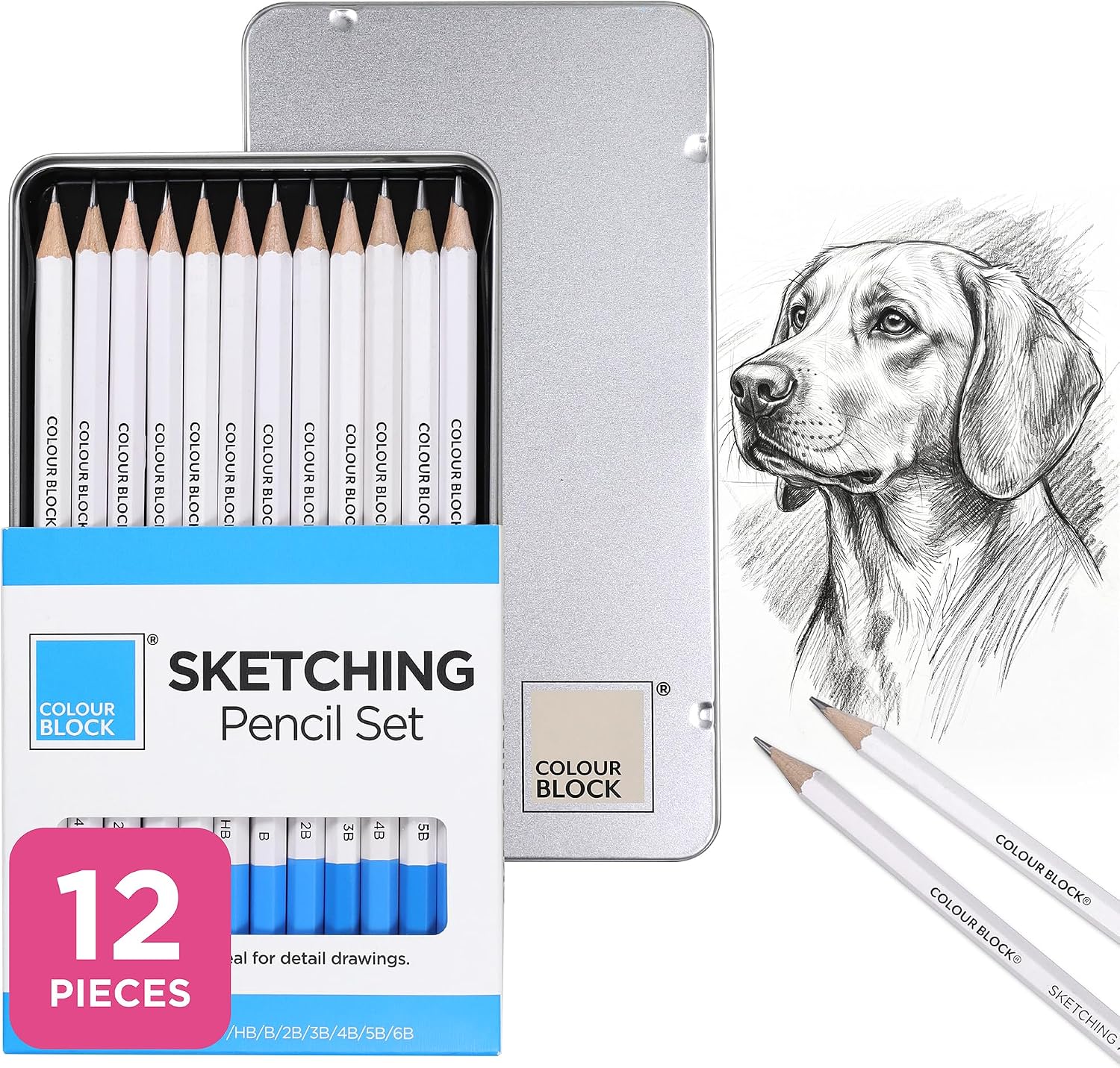 COLOUR BLOCK 12 Piece Sketching Pencils/Drawing Pencils- Graphite Travel Drawing Kit Great for Artists on the Go, Ideal for Tracing Paper, Drawing Paper, Mixed Media Paper and Sketching Paper