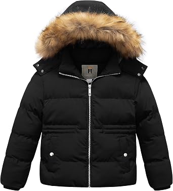 CREATMO US Girls Kids Metallic Shiny Jacket with Detachable Fur Collar Warmth Winter Outerwear