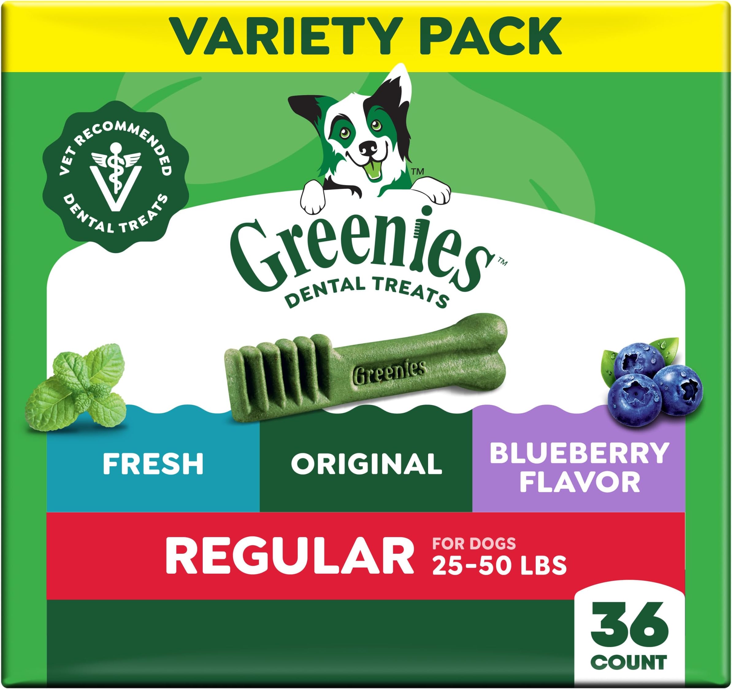 Regular Dental Dog Treats, 3-Flavor Variety Pack, (3) 12 oz. Pouches, 36 Total Treats