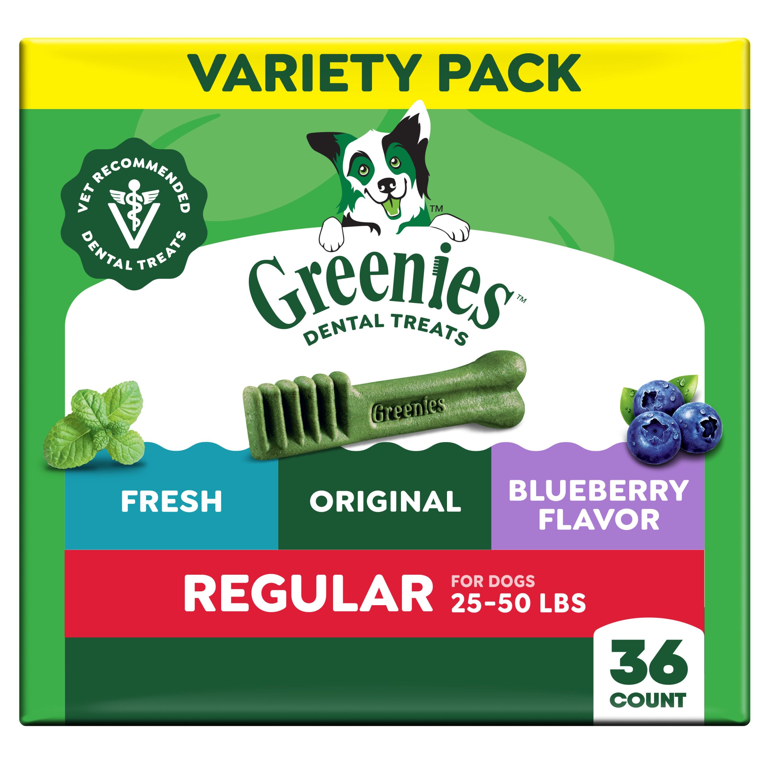 Greenies Regular Dental Dog Treats, Mint, Original, &amp; Blueberry, 36 count