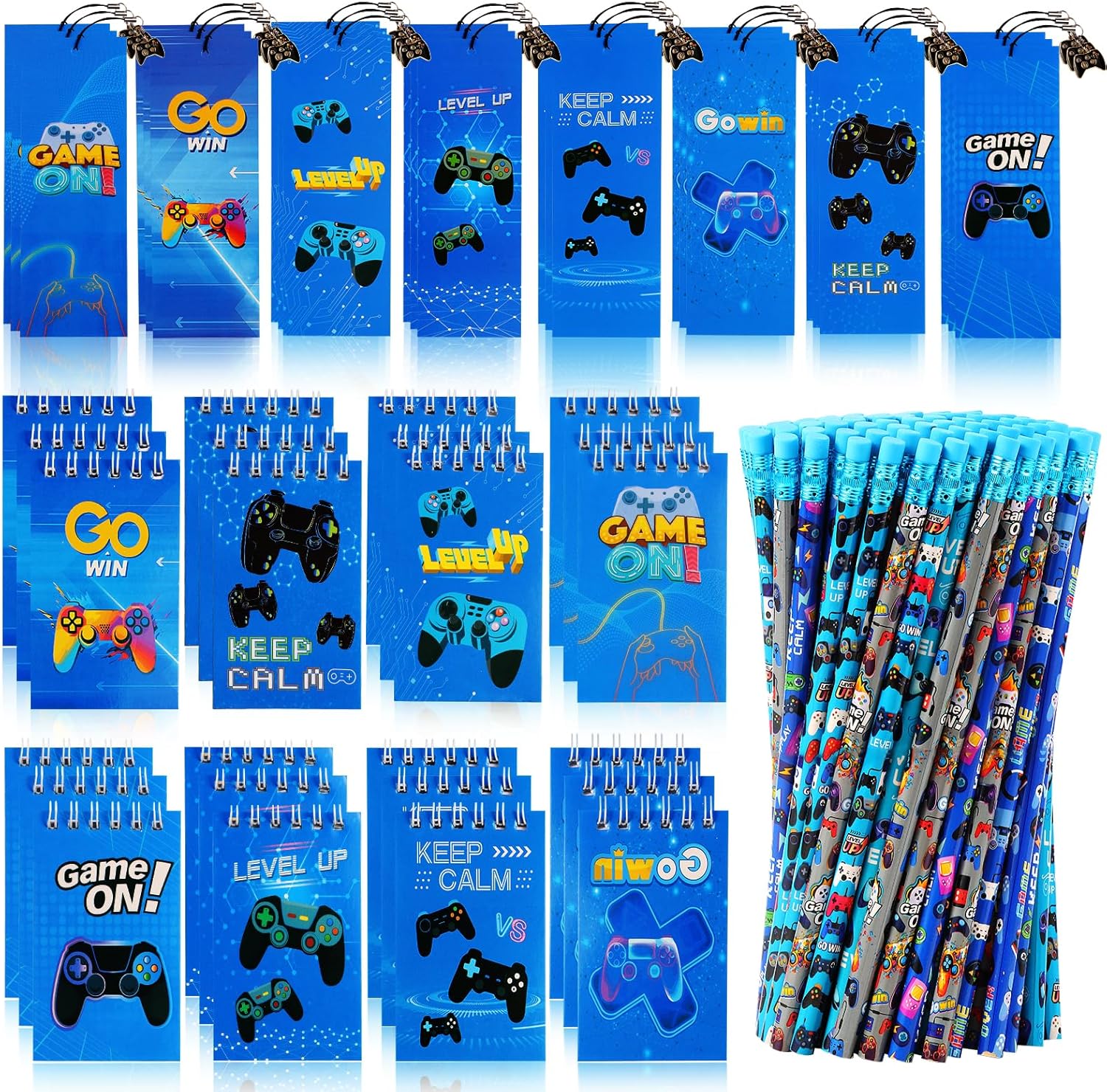Kolewo4ever 148 Pieces Video Game Theme Stationery Set:100 Pcs Video Game Pencils 24 Pcs Game Pattern Mini Spiral Notepad Memo Pad 24 Pcs Game Metal Charms Bookmarks (Video Game)