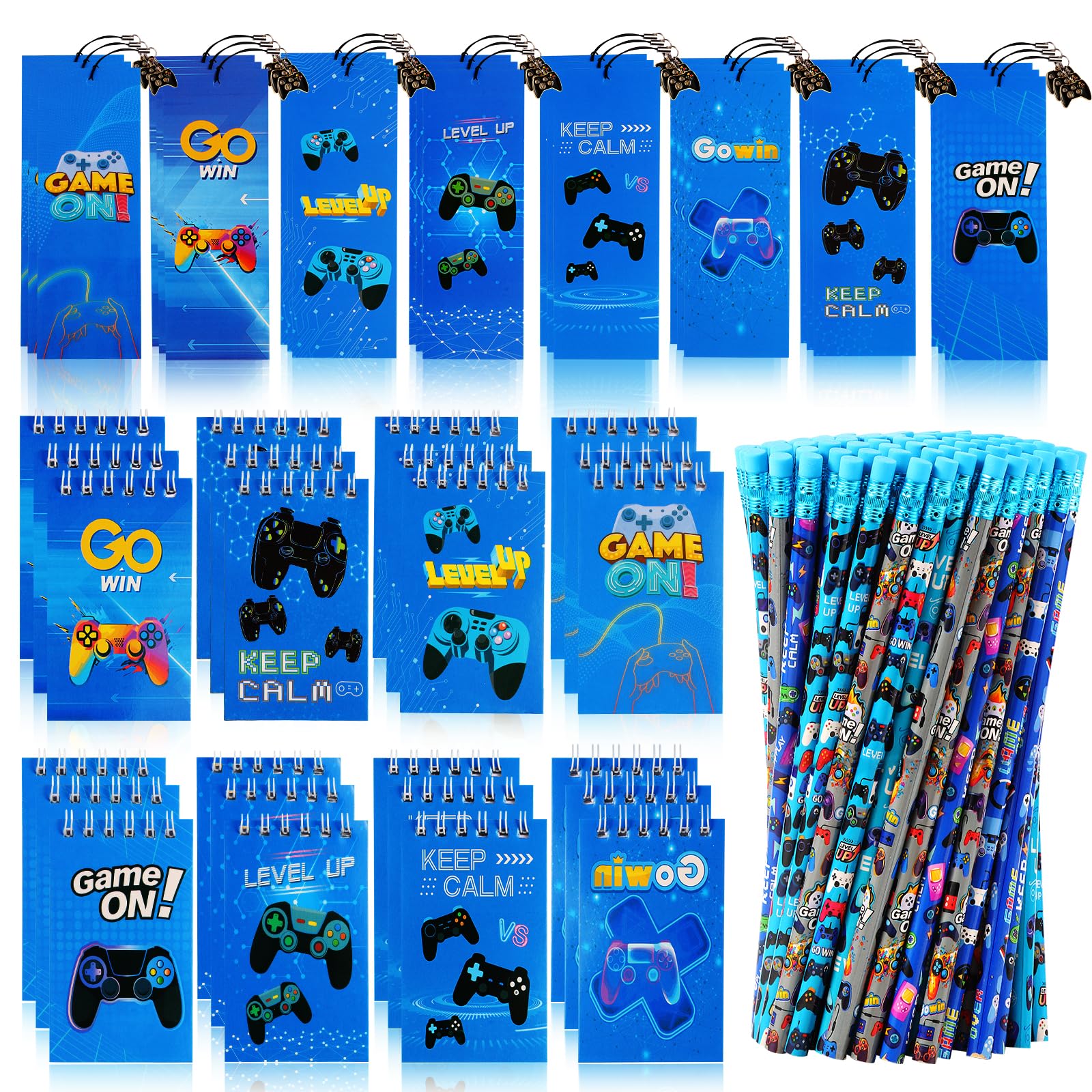 Kolewo4ever 148 Pieces Video Game Theme Stationery Set:100 Pcs Video Game Pencils 24 Pcs Game Pattern Mini Spiral Notepad Memo Pad 24 Pcs Game Metal