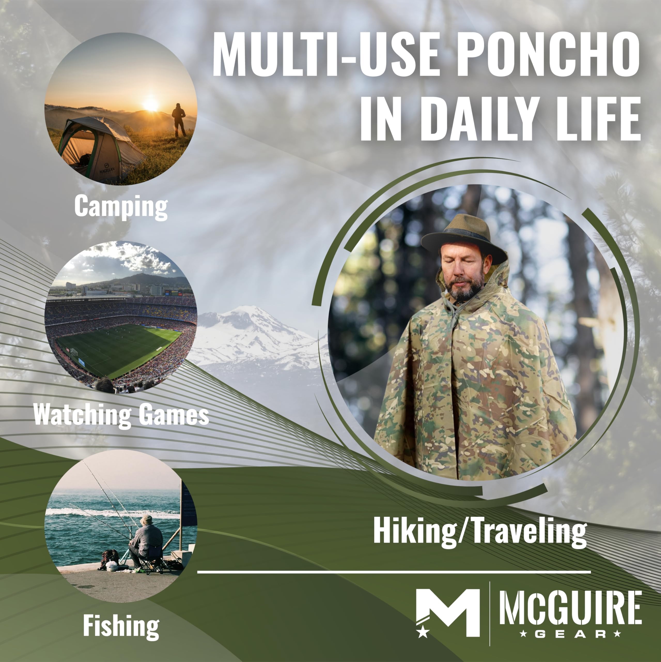 M MCGUIRE GEAR Poncho de lluvia militar con capucha, chaqueta de lluvia de emergencia para exteriores, poncho impermeable para adultos, senderismo, camping