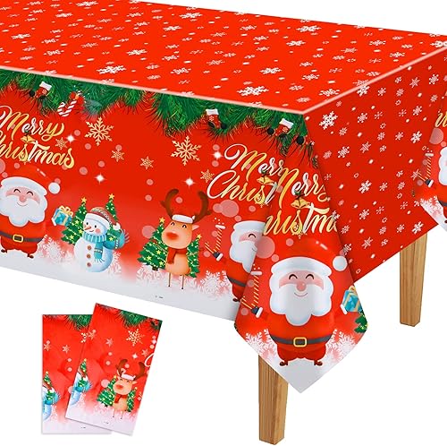 Miniatura 1 de PLULON 2 manteles de Navidad de plástico con copos de nieve, mantel rectangular rojo de Navidad, Papá Noel, muñeco de nieve, alce, para Navidad,