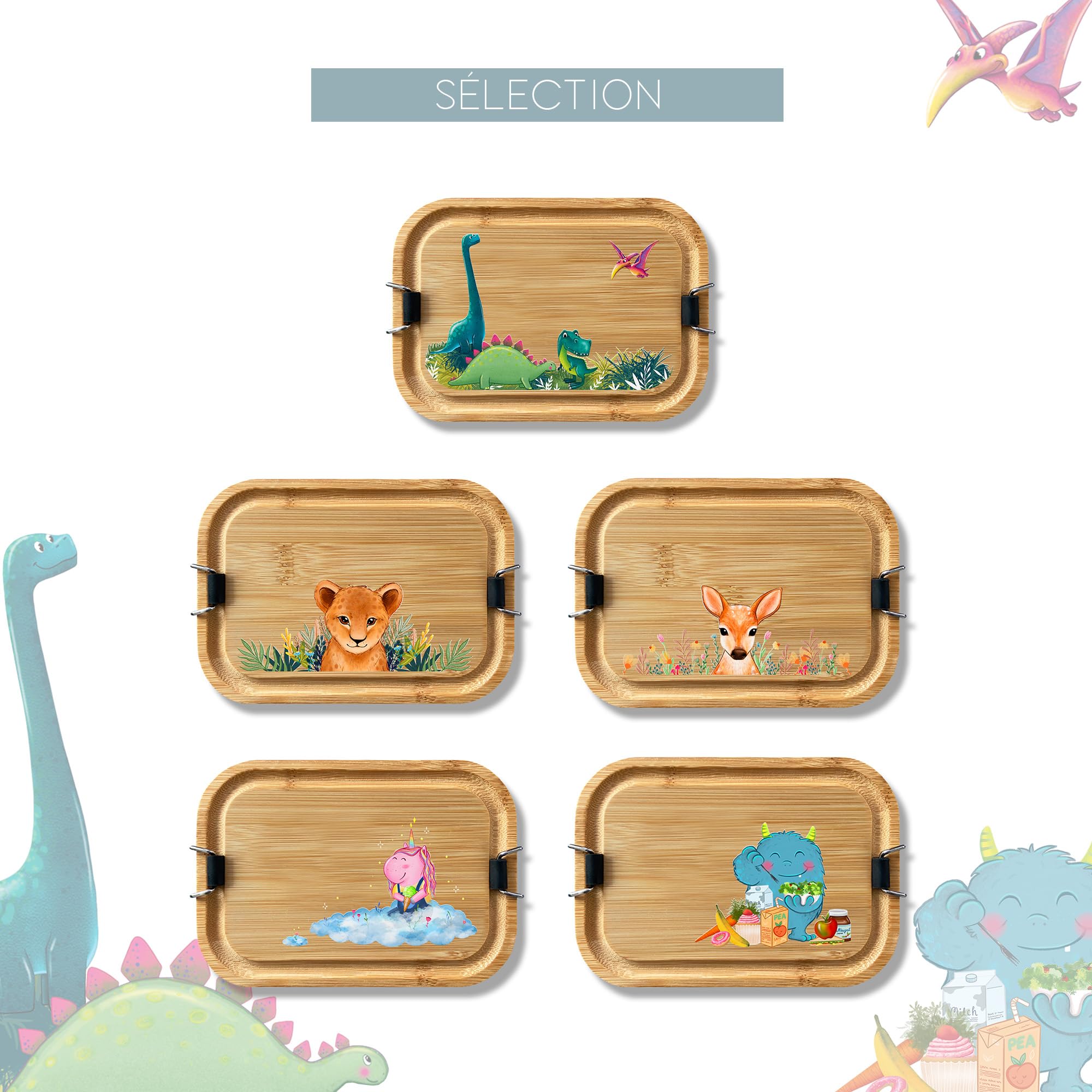LOOXIS Boîte à Lunch Personnalisée En Acier Inoxydable, Couvercle Bois De Bambou, Nom Et Motif - Séparateur
