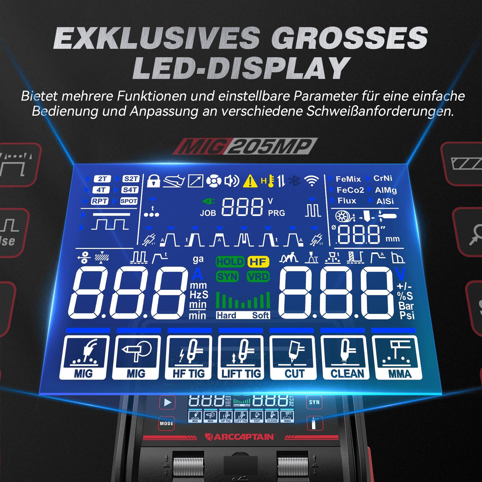 ARCCAPTAIN MIG205MP 9 in 1 iControl App‑steuerung MIG‑Schweißgerät/Plasmaschneider/Puls‑MIG/Flux‑Core/Spool Gun/DC HF/Lift TIG/Clean/MMA‑Aluminium‑Schweißgerät 230V Mehrprozess‑Schweißgerät