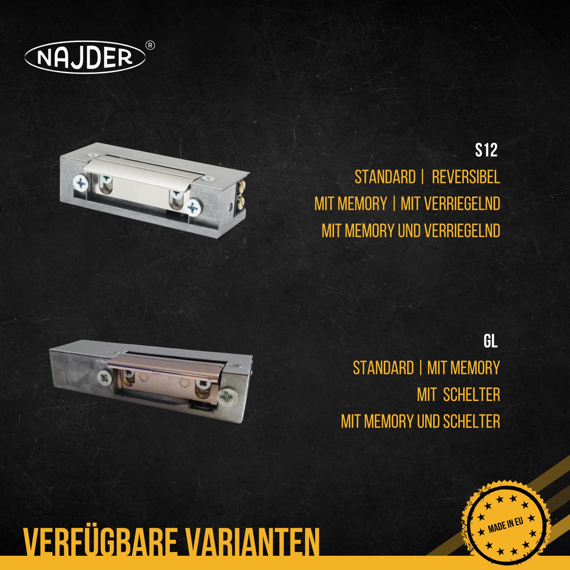 NAJDER Elektrischer Türöffner, Hartte, S12-Serie 12 V DC, Reversibel, R-4, für Linke und rechte Türen, symmetrisch, verstellbare, für Türen (Holz, Metall, PVC), Tore und Schränke, Zuverlässig