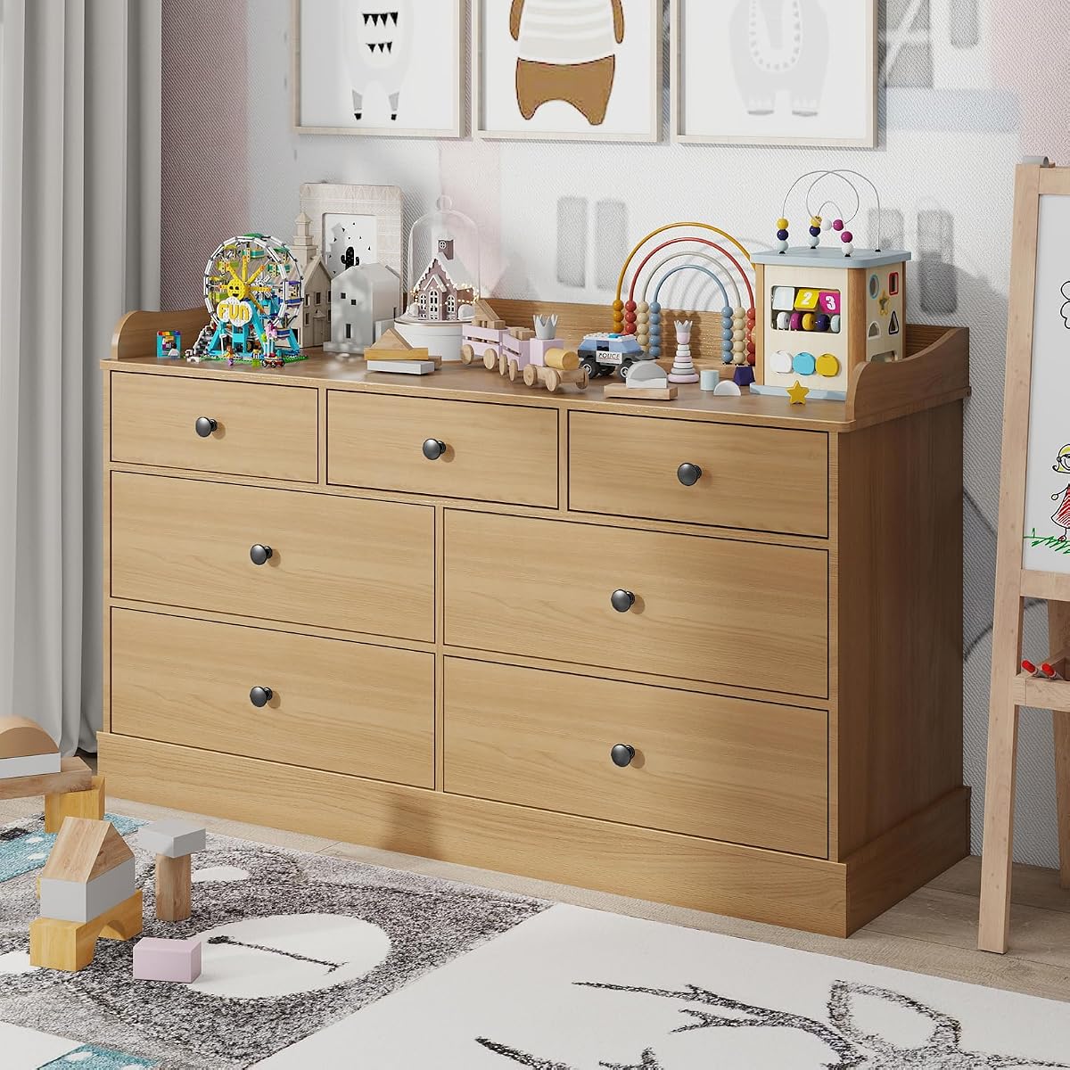 Vabches Cómoda para niños con 7 cajones y mesa grande, cómoda blanca, cómoda para bebé, muebles de dormitorio para niños, mesita de noche para habitación infantil, roble