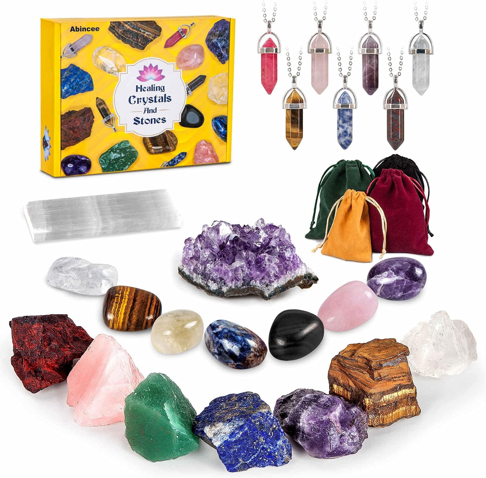 Abincee Crystals Set: 23PC Healing Crystals & Stones Kit - 7 Necklaces, 7 Raw Chakra Stones, 7 Tumblestones, Selenite Stick & Amethyst Crystal for Yoga & Witchcraft