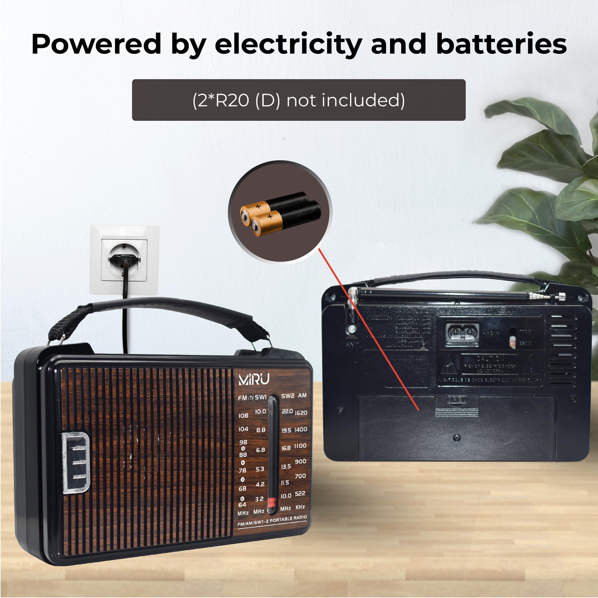 MIRU Radio Portatile AM/FM/SW SR-1021 con USB, Antenna Telescopica, 220V, Nero Legno