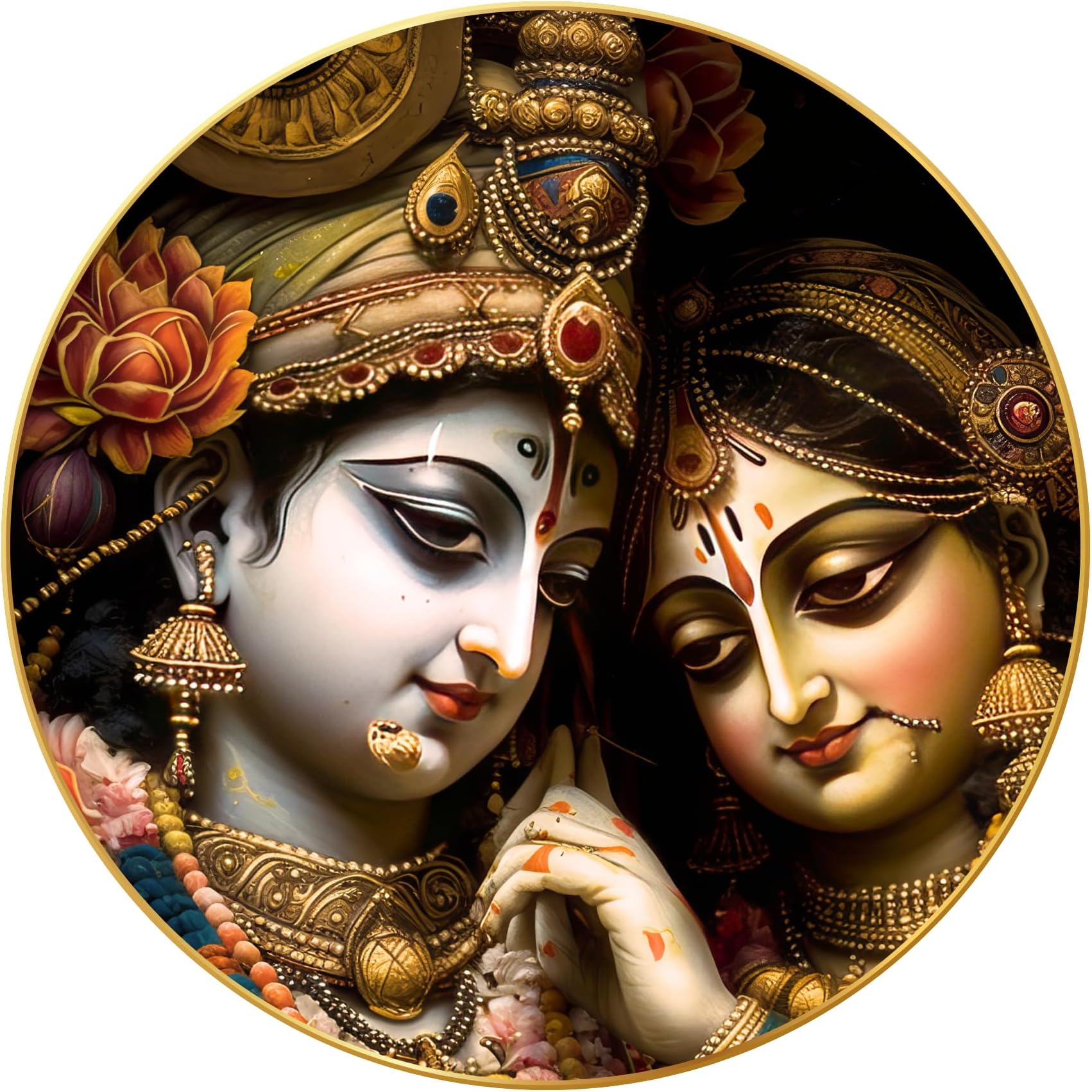 Modern Radha Krishna Wall Painting with Frame - Sparkle Glossy Round Golden Framed Large Painting for Office, Living Room, Bedroom, Home Wall Decoration (Design 23, 40 CM * 40 CM)