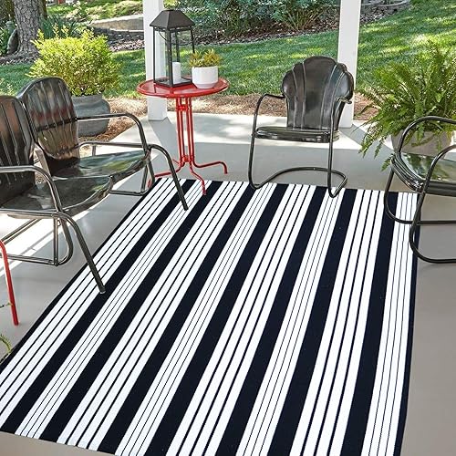 Miniatura 3 de Alfombra para exteriores en blanco y negro Alfombra tejida de algodón a rayas de 4 x 6 pies, lavable a máquina, alfombra de patio para interiores y