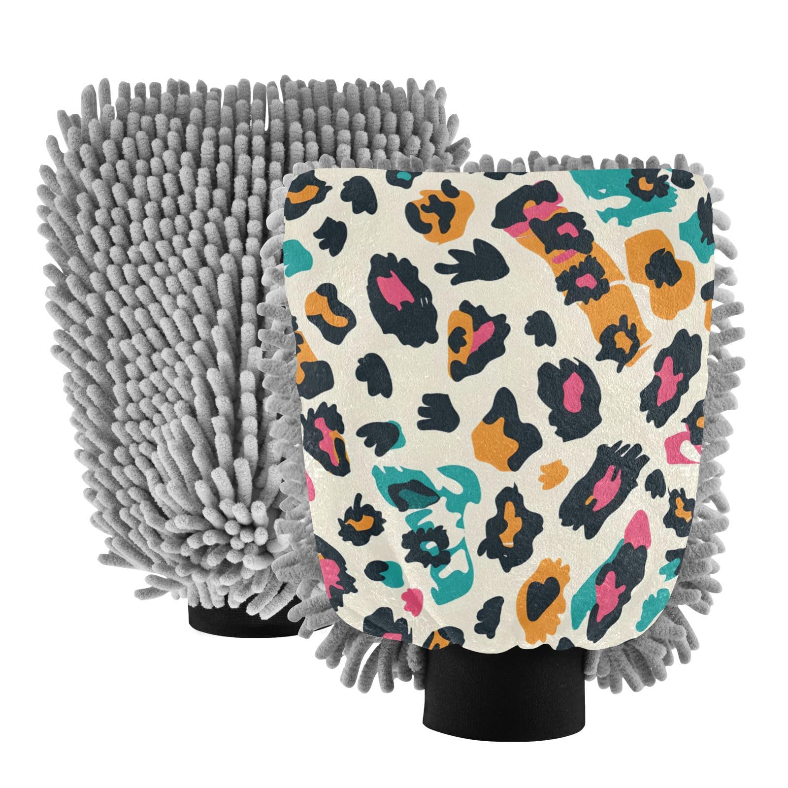 IOACIY Absorbent Microfiber Car Wash Drying Mitts, 2 Pack, Scratch-Free & Lint-Free, Rich Foam, Highly Absorbent, Double Sided, Wash Mitt Perfect for Car Washing, M, Cheetah (4)