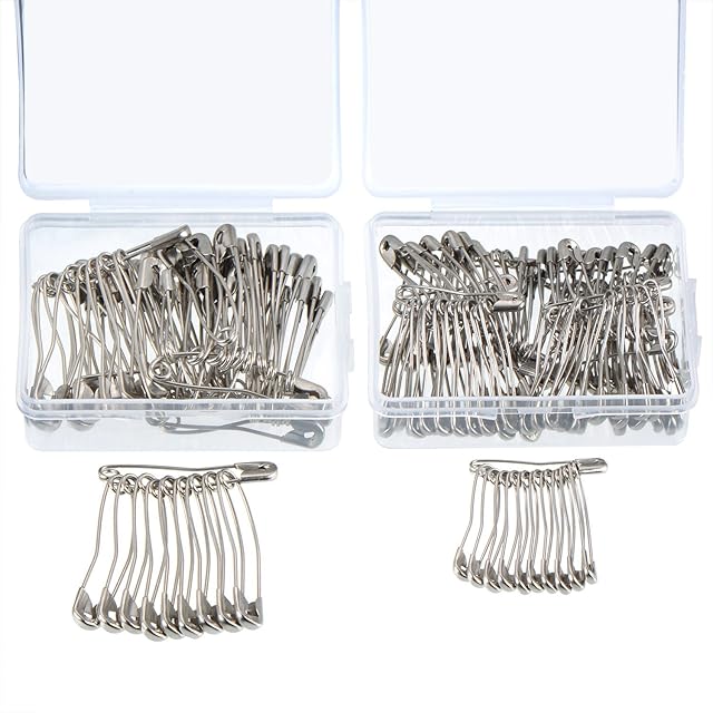 160 Pieces Curved Safety Pins Quilting Basting Pins with Plastic Cases, 2 Sizes, Plated Steel
