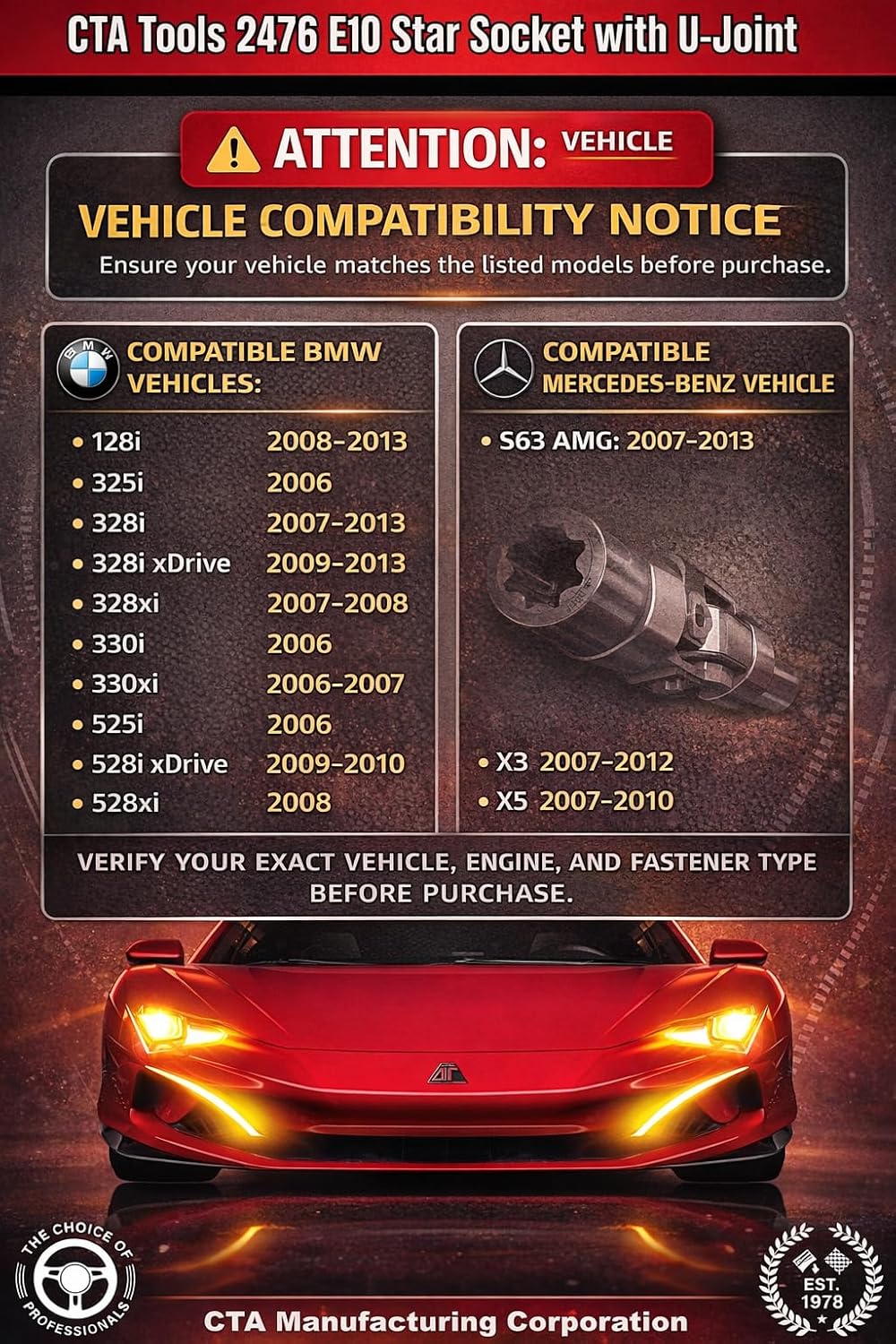 CTA Tools 2476 E10 Star Socket with U-Joint: Low-Profile 1/4" Drive E-Torx Socket, Compatible with BMW & Mercedes-Benz, Hard-to-Reach Fasteners