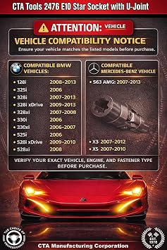 CTA Tools 2476 E10 Star Socket with U-Joint: Low-Profile 1/4 Drive E-Torx Socket, Compatible with BMW & Mercedes-Benz, Hard-to-Reach Fasteners