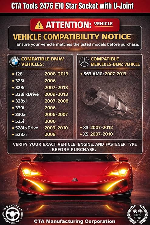 CTA Tools 2476 E10 Star Socket with U-Joint: Low-Profile 1/4 Drive E-Torx Socket, Compatible with BMW & Mercedes-Benz, Hard-to-Reach Fasteners
