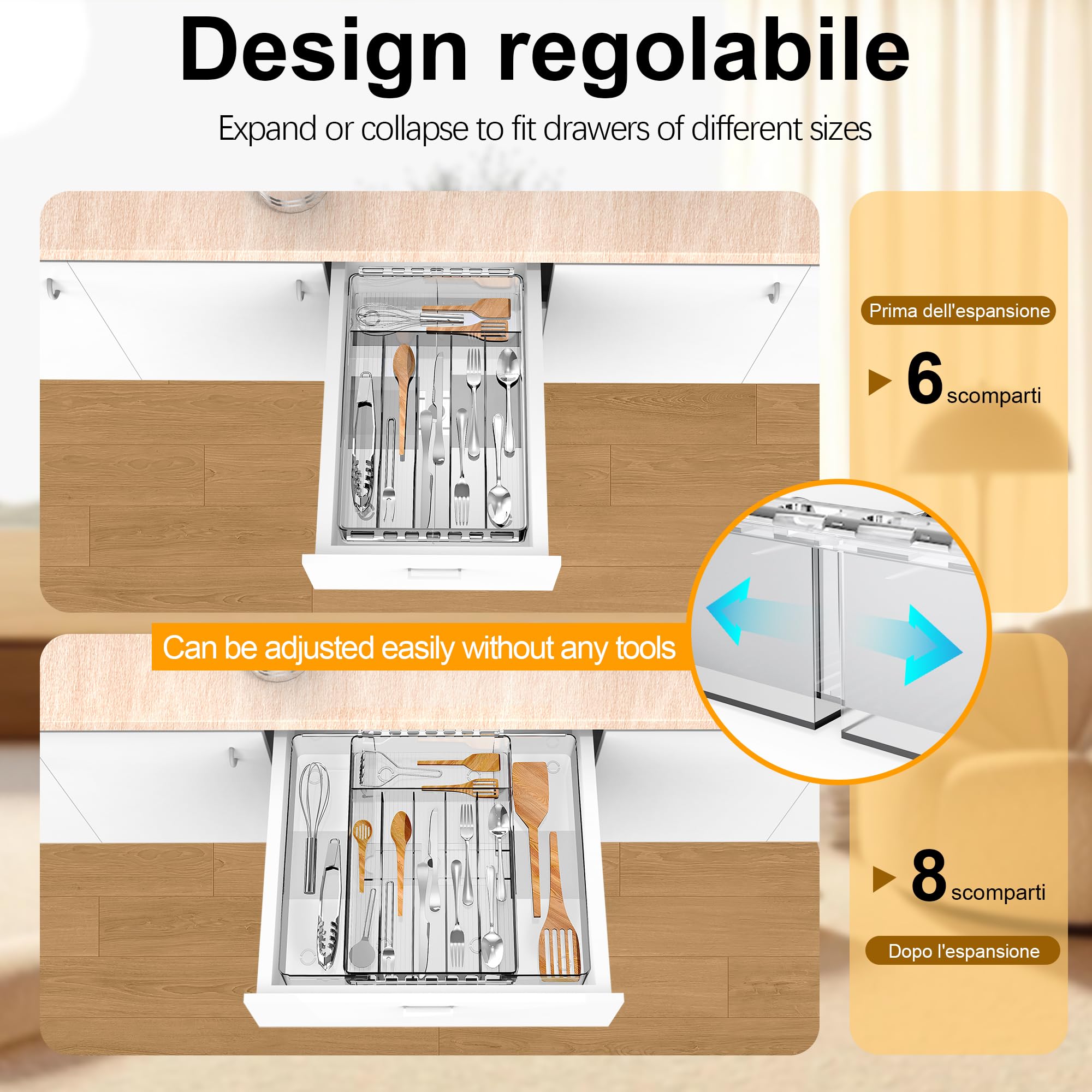 XIALISW Portaposate allungabile per cassetti, portaposate, organizer regolabile per cassetti della cucina, supporto in plastica per posate, cucchiai e forchette (trasparente, medio)