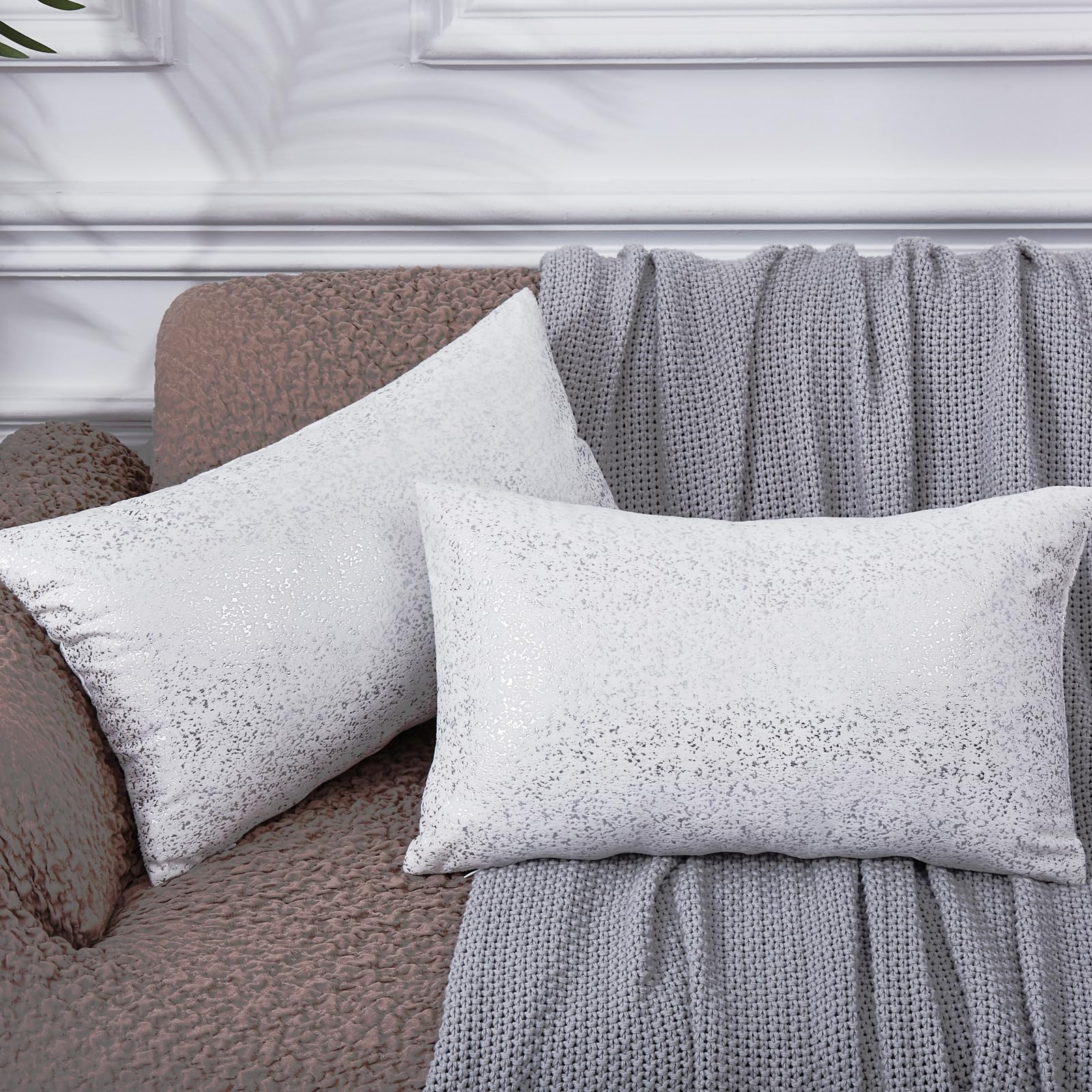 EUCIOR Silver Pillows,White Cushion Covers Velvet Decorative Square Throw Pillow Covers 12x20 for Home Decor Bedroom Living Room Couch Sofa,White and Silver Pillow Covers,Set of 2 — image 1