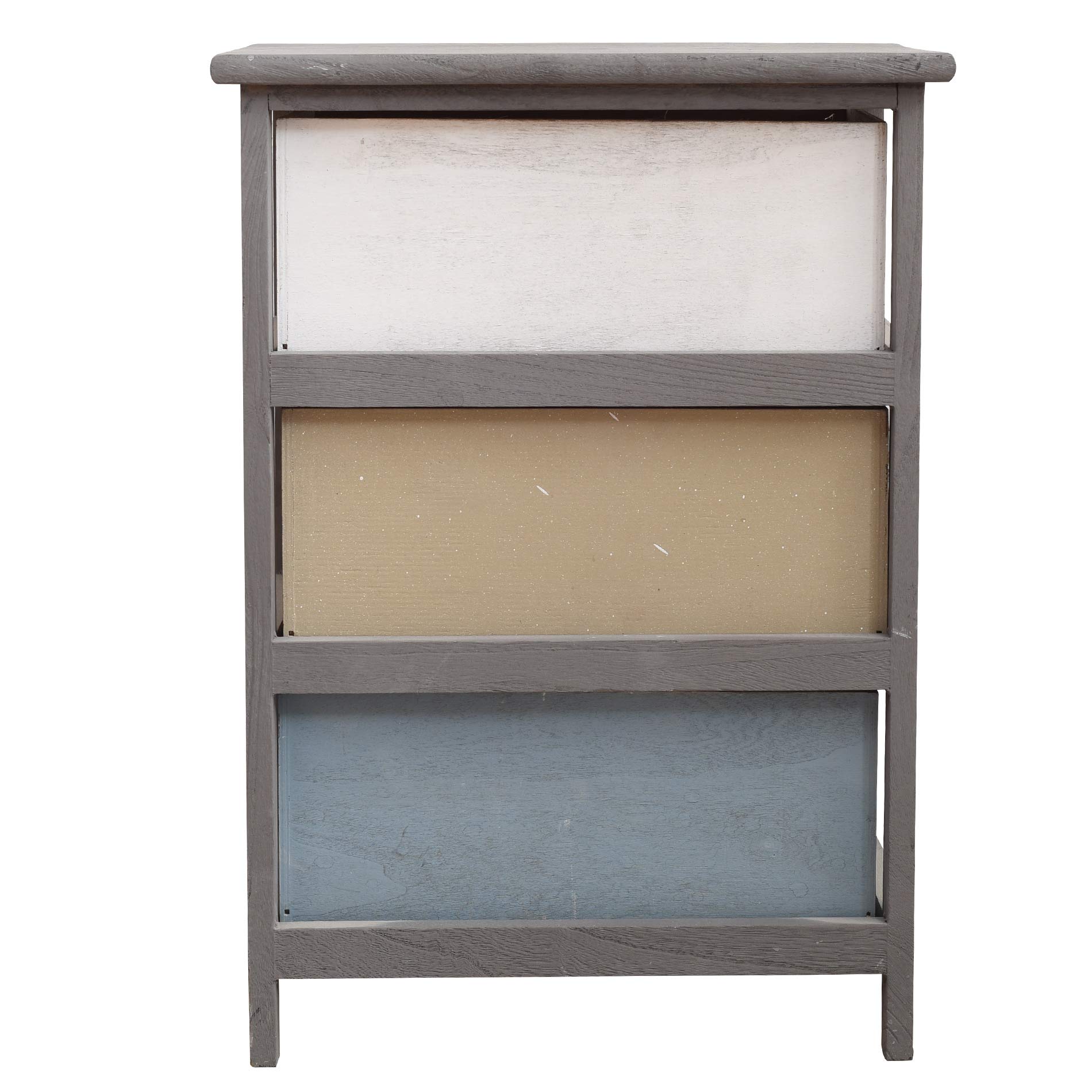 Rebecca Mobili Comodino vintage, cassettiera con 3 cassetti, legno paulownia, grigio beige blu, camera salotto - Misure: 56 x 40 x 29 cm (HxLxP) - Art. RE4883