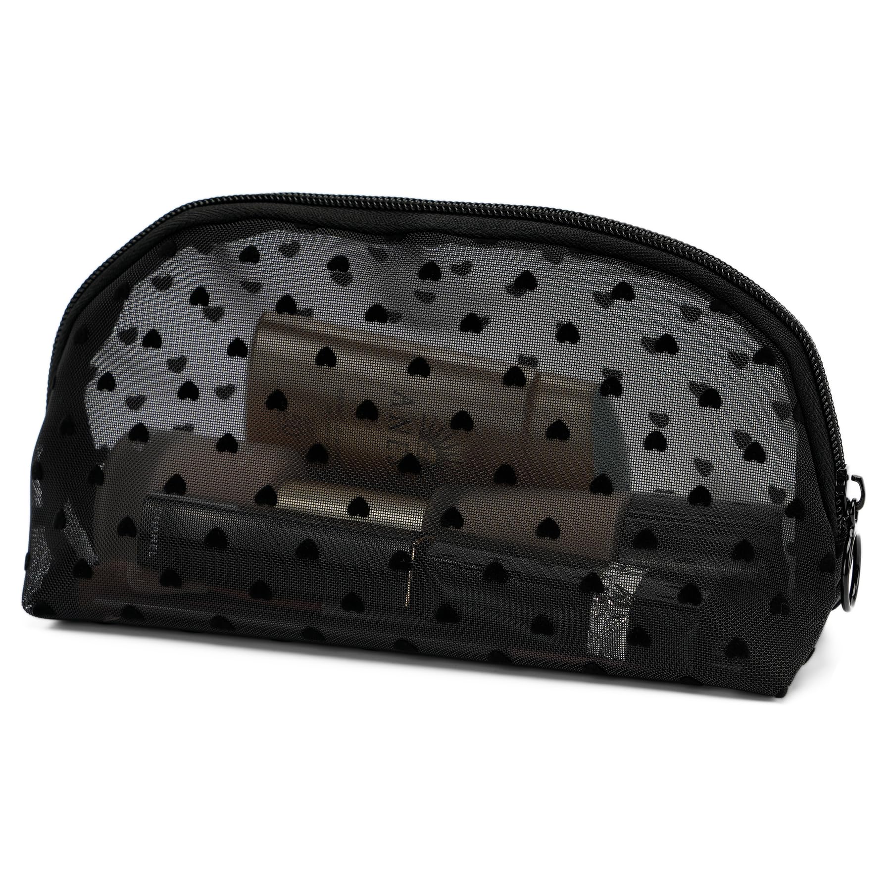 TOPASION Portable Mesh Makeup Bag with Zipper Small Travel Toiletry Bag Lightweight Cosmetic Pouch (Black&Black Heart Half Round)
