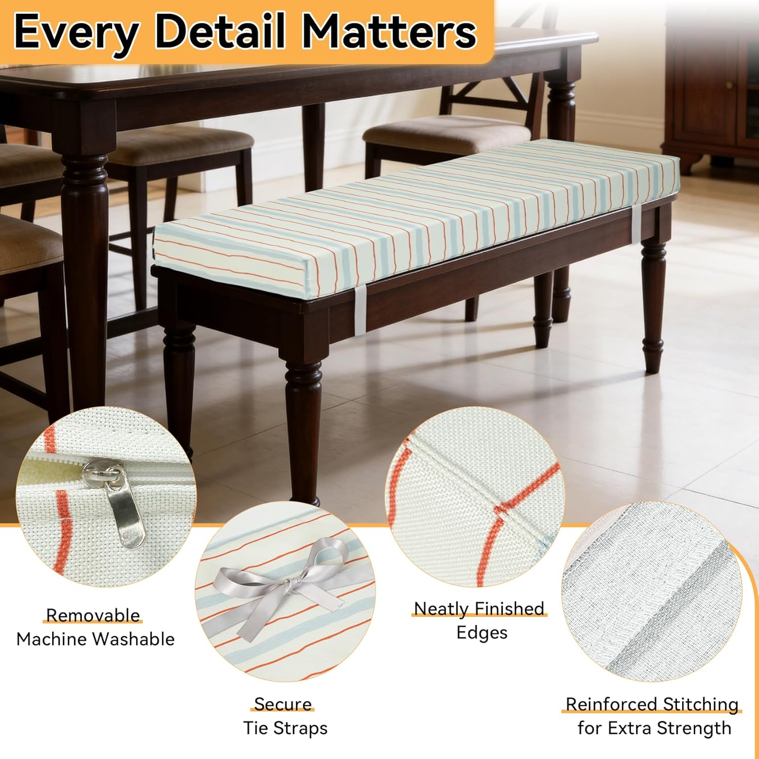 Custom Size Bench Cushion, Non-Slip High Density Foam Bench Seat Cushion for Indoor Furniture, Window Seat, Piano & Entryway Bench, Heavy-Duty Tie Straps, Printed Linen/Chenille/Brushed Fabric