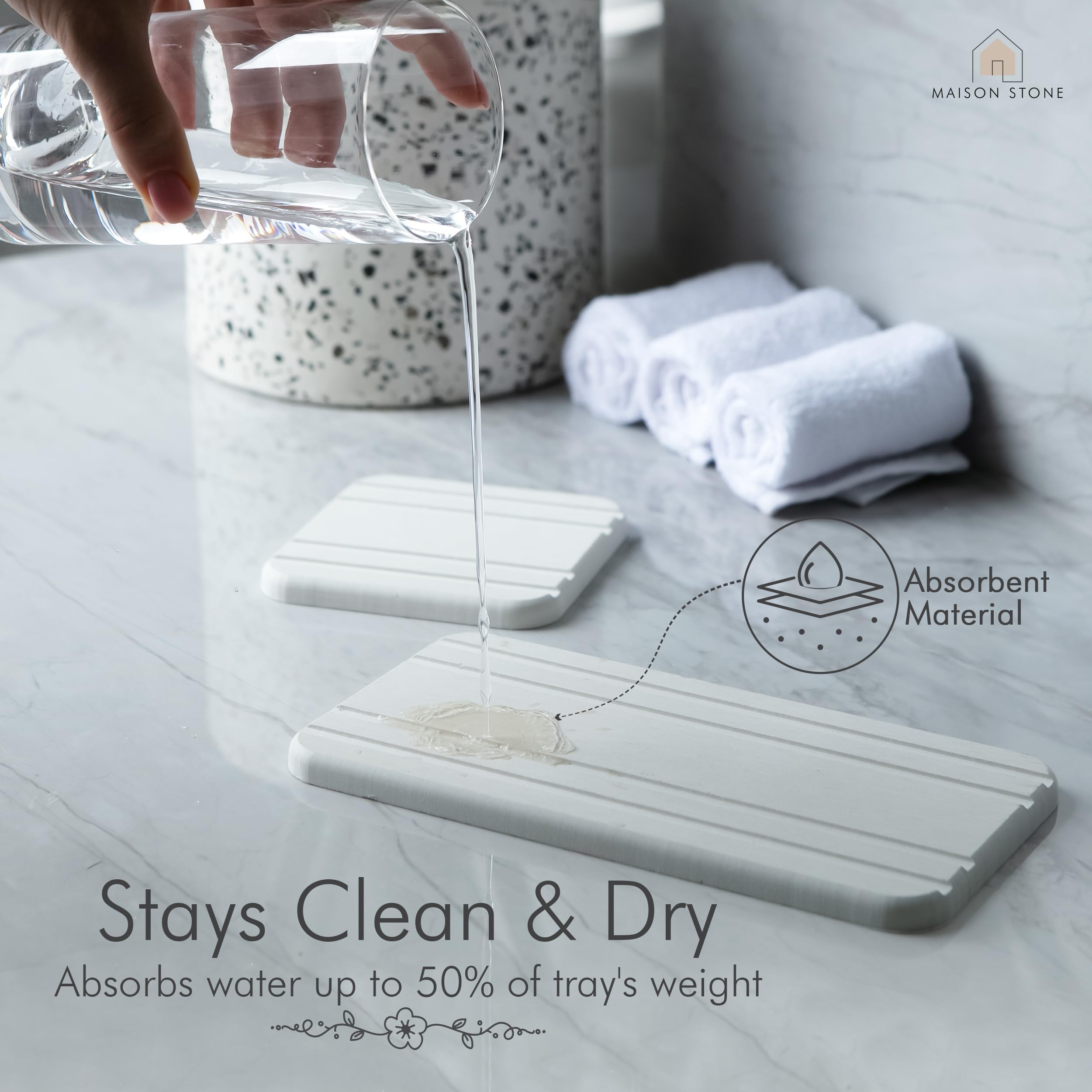 Maison Stone Bathroom Tray w/Bonus Vanity Tray. Absorbent Bathroom Trays for Counter. Multipurpose 8x4 Countertop Tray. Perfume Tray. Kitchen Soap Tray. Time Saving Bathroom Counter Tray.