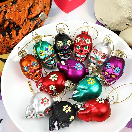 Miniatura 5 de 12 adornos de calavera de cristal del Día de los Muertos, adornos colgantes de calavera de azúcar para Halloween, decoración de cabeza de esqueleto